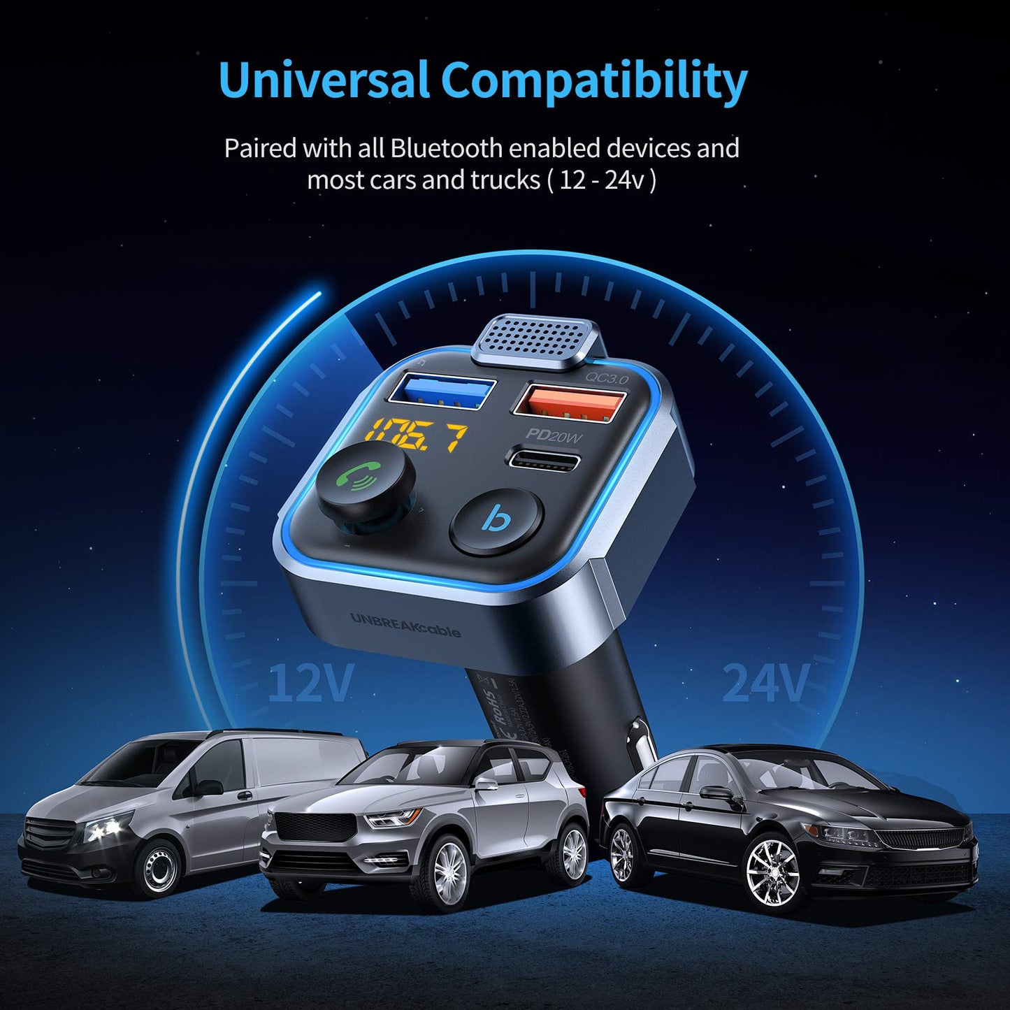 UNBREAKcable Bluetooth 5.3 FM Transmitter for Car, [PD 20W + QC 3.0] [Stronger Microphone & HiFi Bass Sound] Cigarette Lighter Radio Music Adapter Charger, Supports Hands-Free Siri Google Assistant