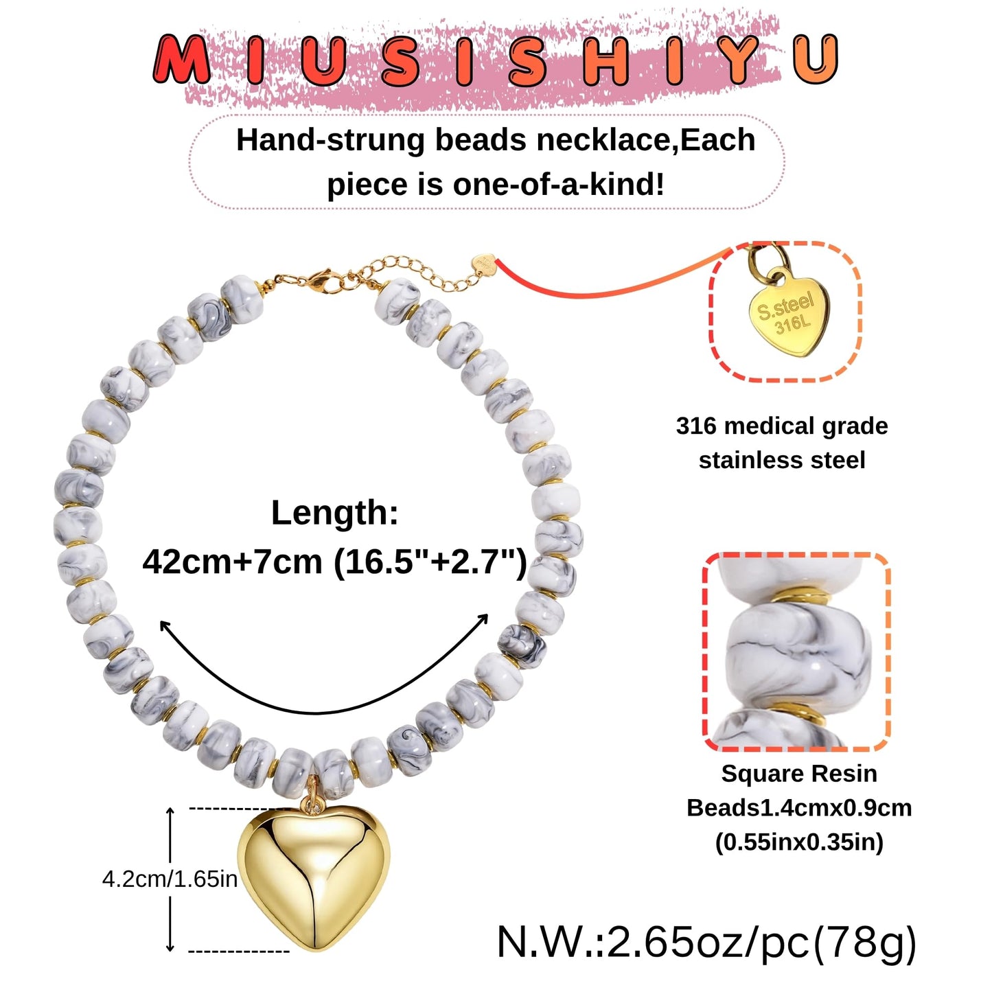 MIUSISHIYU White Grey Faux Howlite Marble Resin Chunky Necklaces for Women, Trendy Beaded Puffy Gold Heart Pendant Statement Choker, Lightweight Boho Y2K Beach Jewelry
