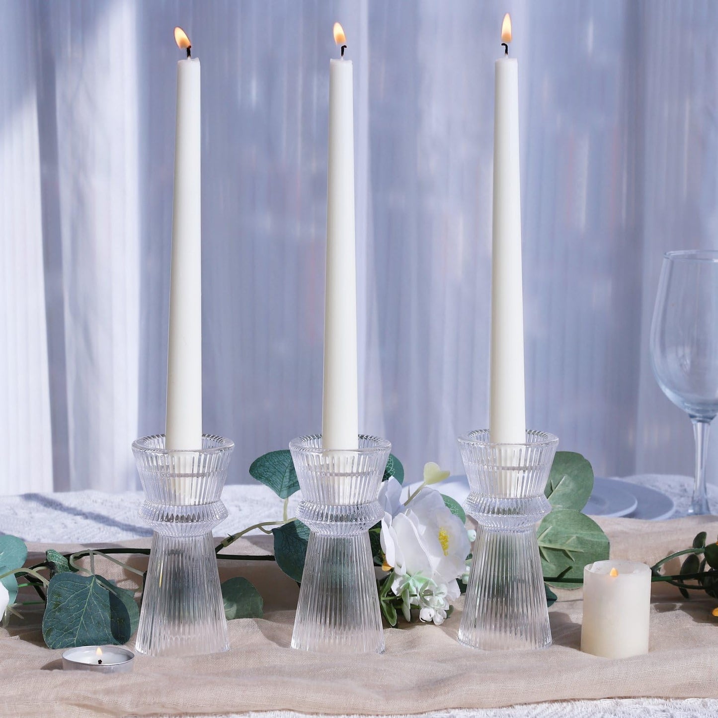 VOHO Clear Ribbed Taper Candle Holders Set of 3, Minimalist Style Glass Candle Holder for Candlesticks and Tealight Candles, Classy Candlestick Holders for Bridal Shower Wedding Decor/Birthday/Holiday