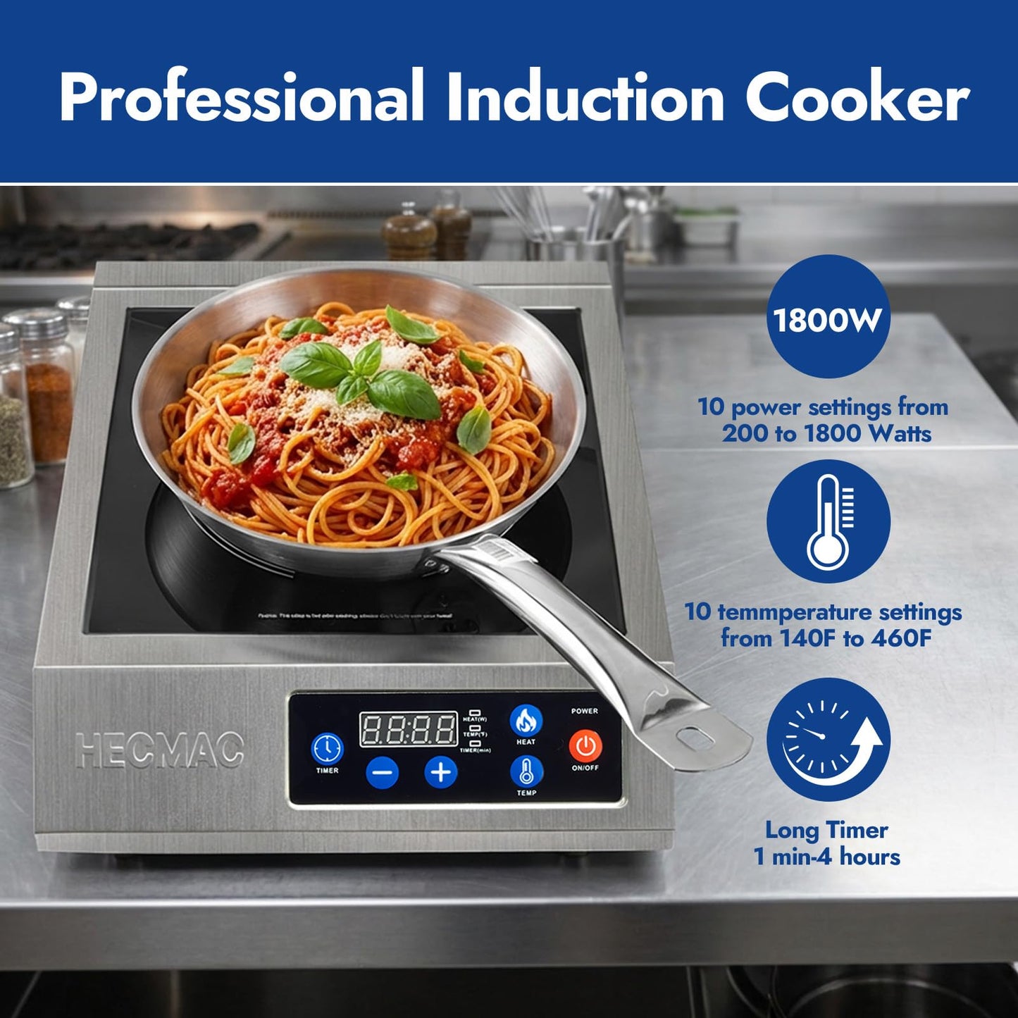 HECMAC 1800W Commercial Induction Cooktop with ETL Certified, Stainless Steel Induction Burner with Large 8" Heating Coil, Induction Cooker with Smart Temperature Control,4 Hours Timer