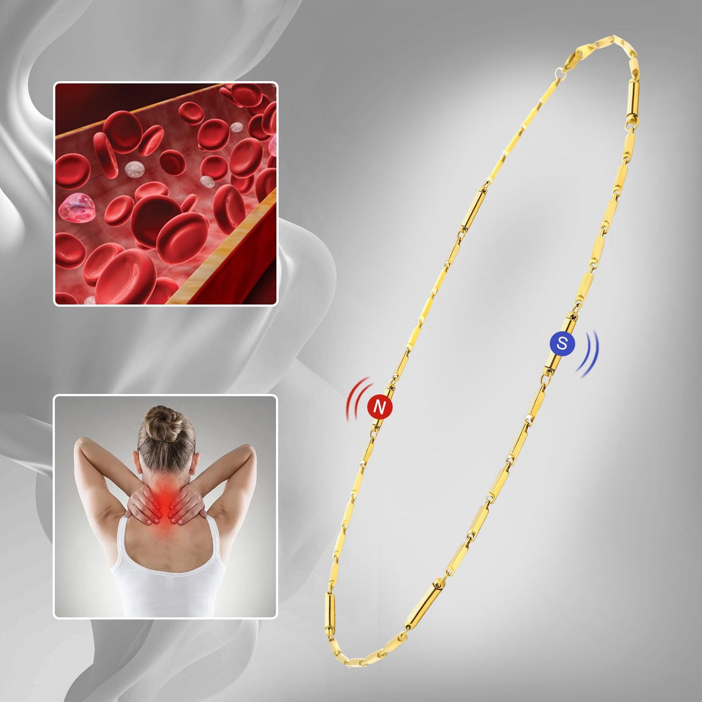 JEROOT Titanium Steel Magnetic Necklace for Women Men Unisex, 6 Ultra Strength Column Magnetic Necklace for Neck Shoulder and Back, Necklace with Jewelry Gift Box (A-Gold)