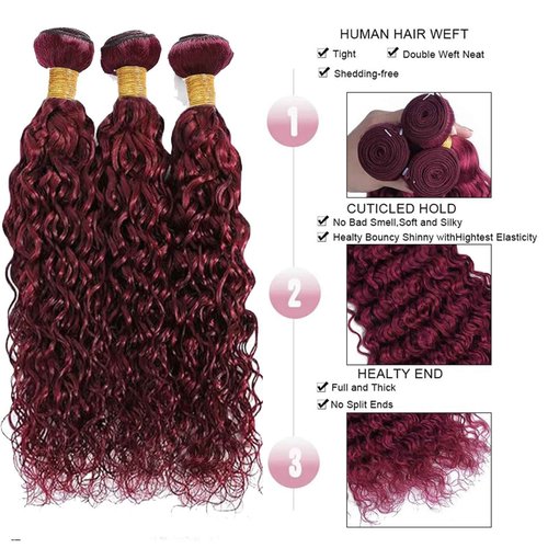 Fabimiya Human Hair Bundles Burgundy 99J Water Wave 22 24 26 Inch Bundles Human Hair 100% Unprocessed Burgundy Soft Sewn In Hair with Double Weft for Black Women