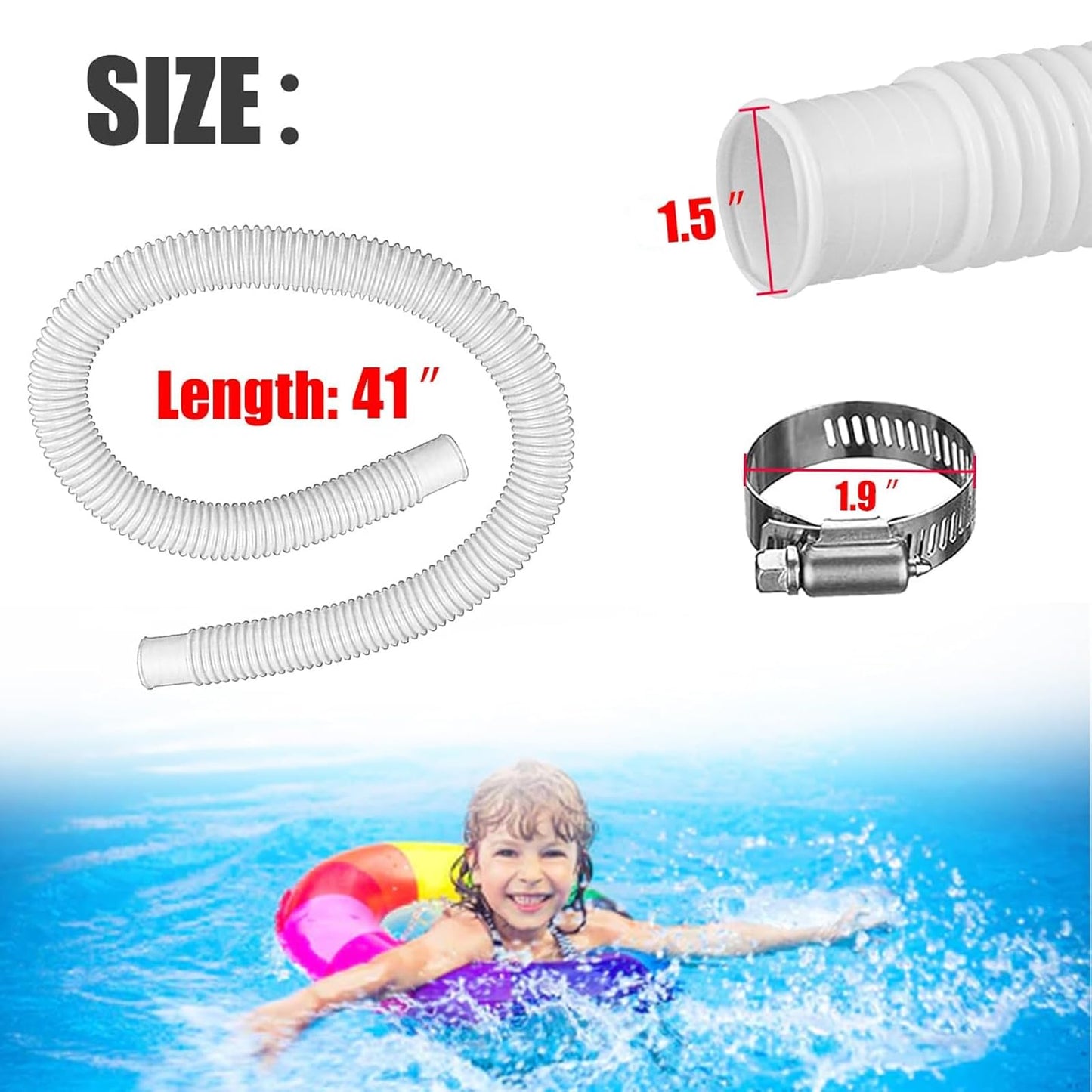 1.5” x 41” Pool Pump Replacement Hose, 2-Pack Above-Ground Pool Hoses with 4 Stainless Steel Clamps, Compatible with Intex, Coleman, Summer Waves Pool Pumps & Filters (2 PACK Blue)