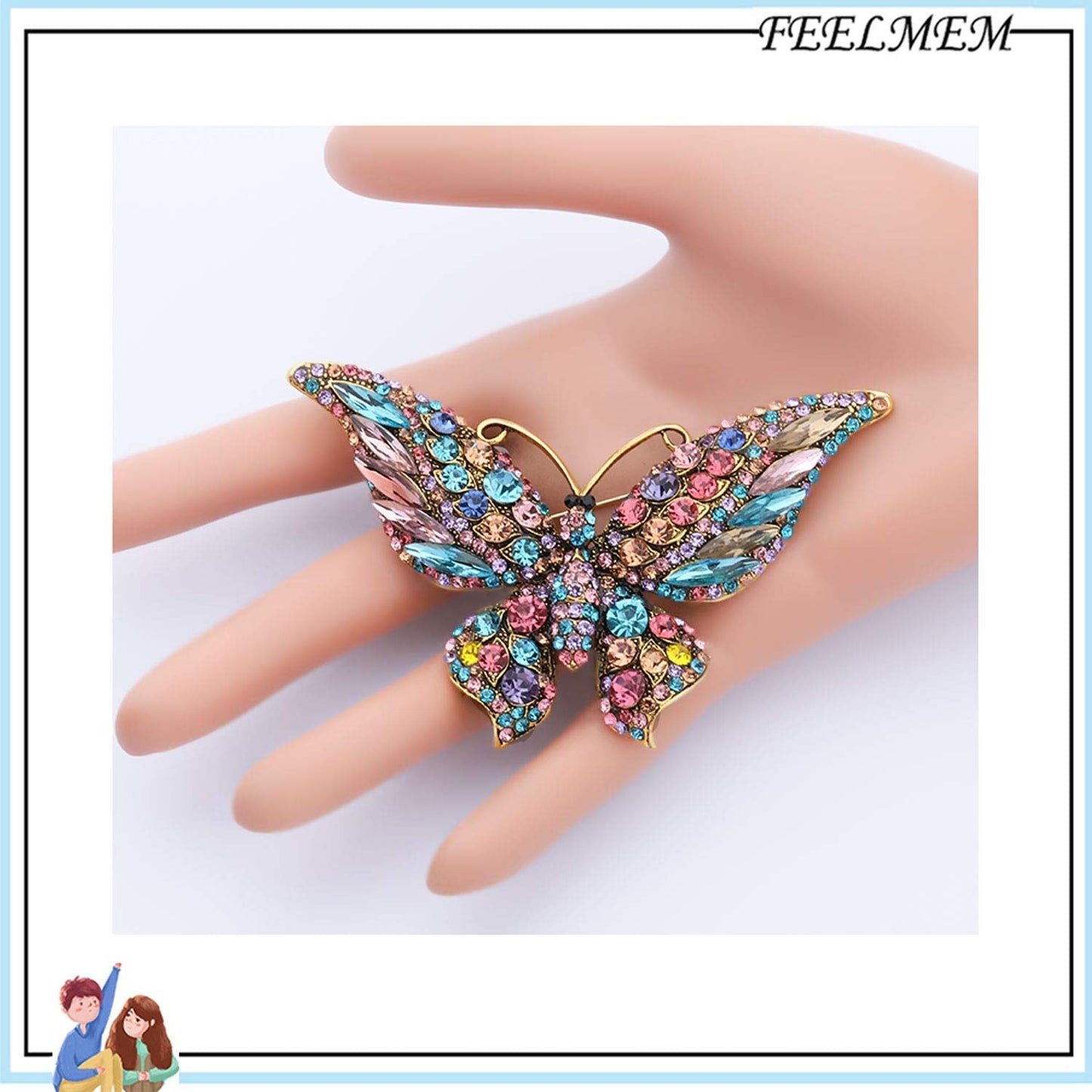 FEELMEM Crystal Rhinestone Butterfly Brooch Pin Blue Color Butterfly Brooches for For Women Wedding/Banquet/Birthday Party (colourful)