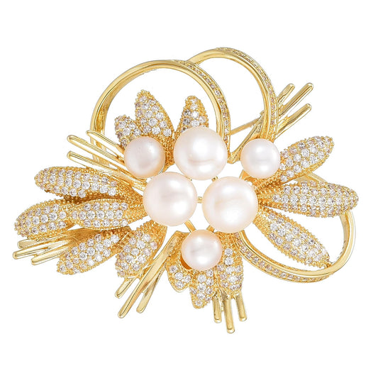 AILONMEI Pearl Flower Brooch and Pins for Women Large Gold Luxury Elegant Pin Christmas Gift Jewelry (GS003)
