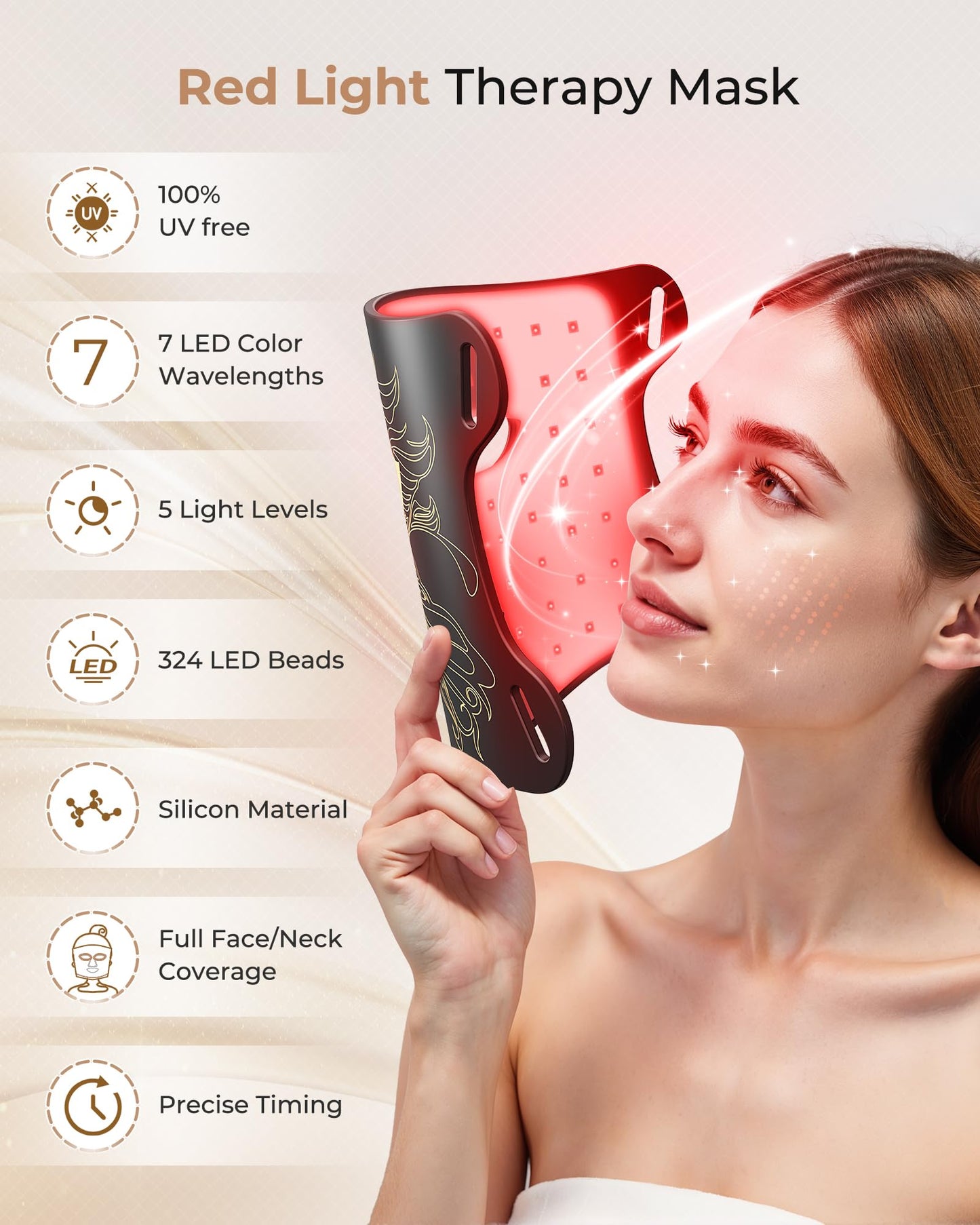 LED Light Therapy mask (E106A) Red Light Therapy for Face and Neck, 7 Colors Red Light Therapy Mask, Led Face Mask Light Therapy with 324 LED, 5 Brightness Levels & 20 Mins Timer for Home & Travel