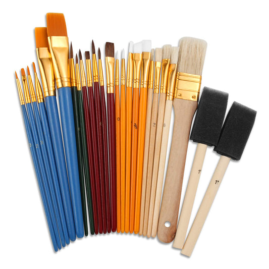 25 PCS All Purpose Paint Brush Set, Beginner, Paint, Craft, Multiple Mediums, Classroom - Assorted Paint Brushes Great with Acrylic, Oil, Watercolor, Gouache, Tempera Paints