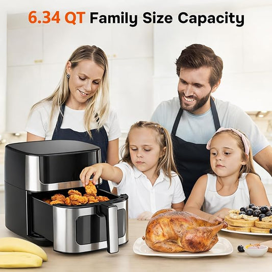 Simple Deluxe 8-in-1 Air Fryer 6.34 Qt, Digital Preset Airfryer with Visible Window, Nonstick and Dishwasher-Safe Basket, Air Fry, Chicken, Pizza, Dehydrate, Fries, 90-Min Timer, 1700W, Black