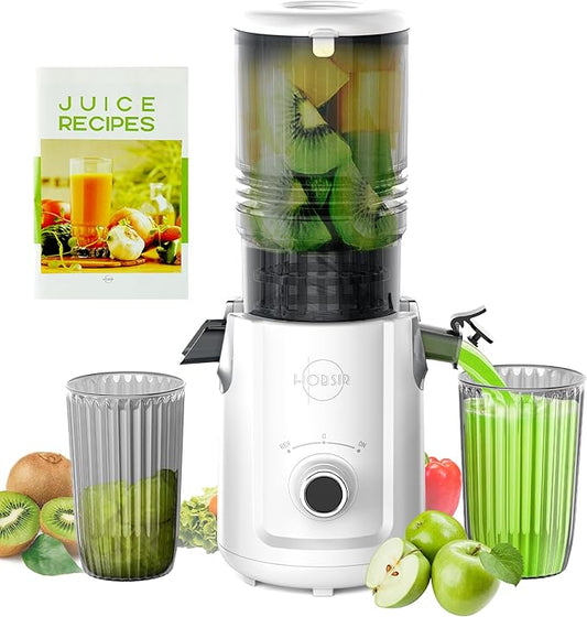 Hobsir Juicer Machines, 5.3-Inch Cold Press Juicers, Masticating Slow Juicer Machines with 300W, Large Feed Chute Juice Machines for Vegetables and Fruits, Easy to Clean Juicers, White