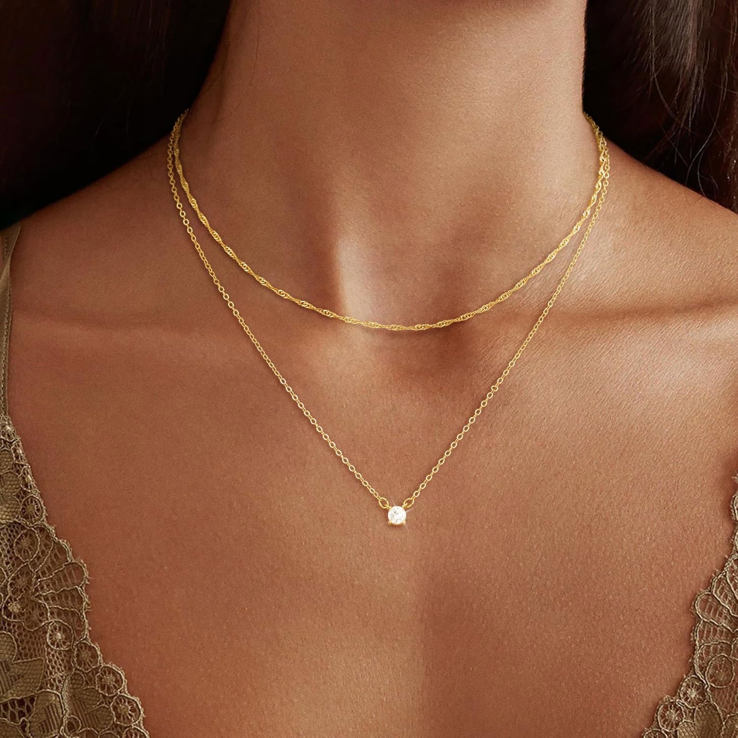 CHESKY Layered Gold Necklaces for Women Trendy, Dainty 14K Gold Plated CZ Pendant Necklace Stackble Wave Chain Necklace Gold Jewelry Set for Women Gifts