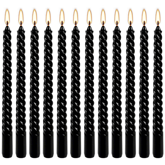 12-Pack 10' Tall Black Spiral Taper Candle Set - Dripless, Smokeless for Halloween&Christmas, Unscented Candlesticks, Dripelss Tapered Candles for Table Rituals,Memorial Prayer Wiccan Rituals.