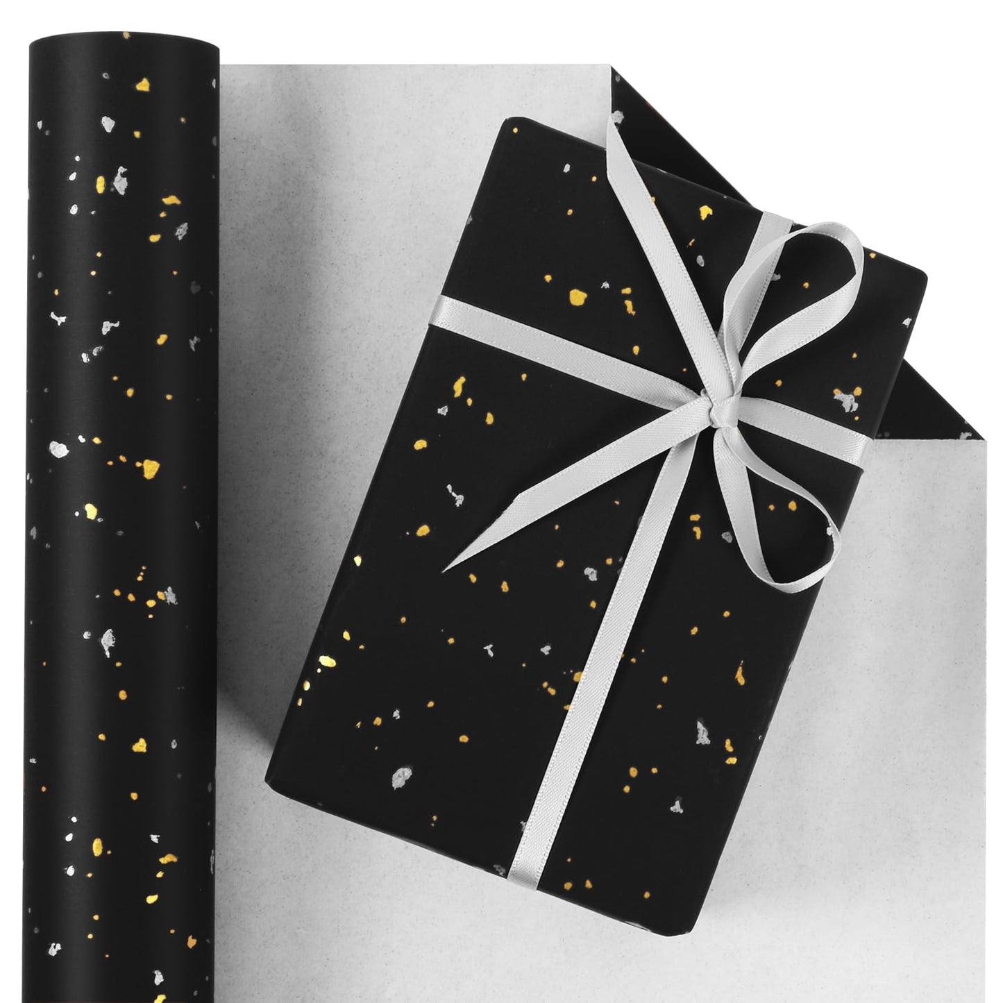 Aimyoo Black Wrapping Paper Roll - Mini Roll - 17 Inch x 60 Feet - Black with Gold Flakes Foil Design for Christmas, Wedding, Birthday,Holiday,Celebrations
