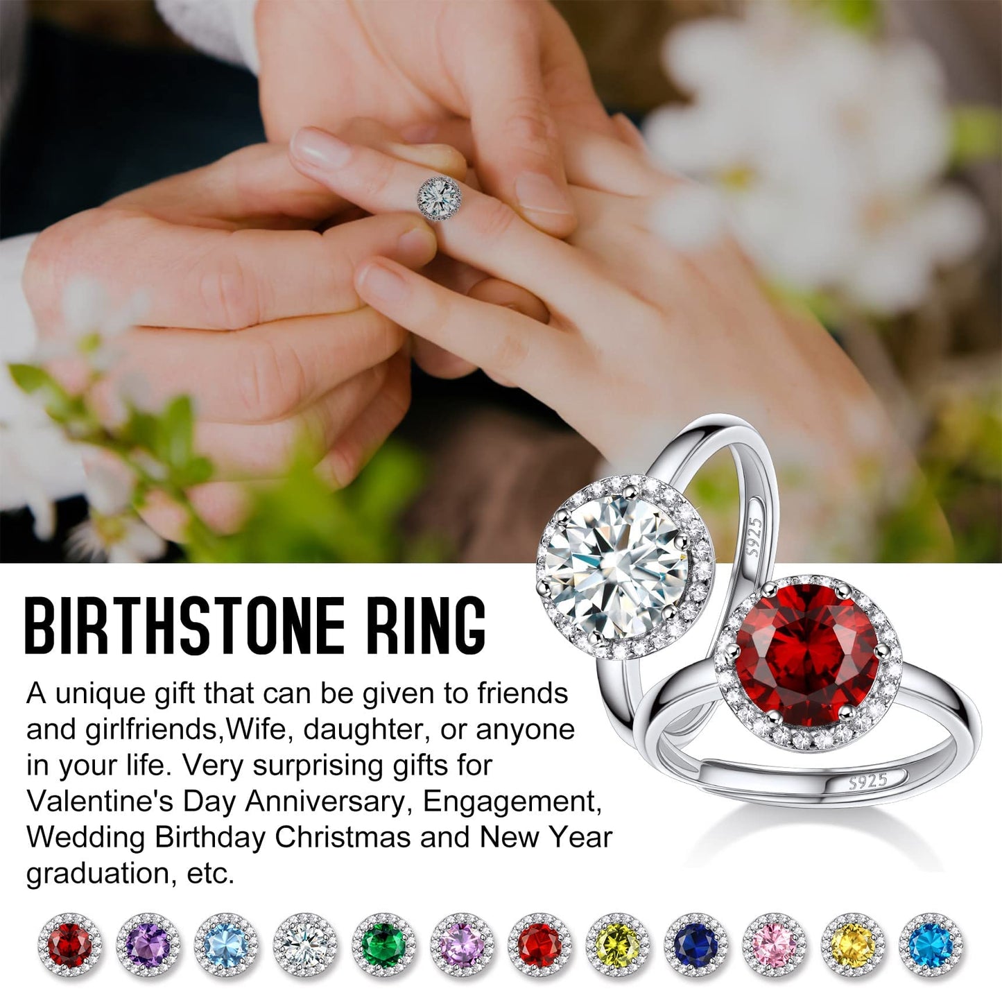 Bestyle 925 Sterling Silver Created Diamond Rings Round Crytsal Rings for Women, 8mm January Granet Birthstone Gemstone Rings Illuminated by 1mm White Cubic Zirconia