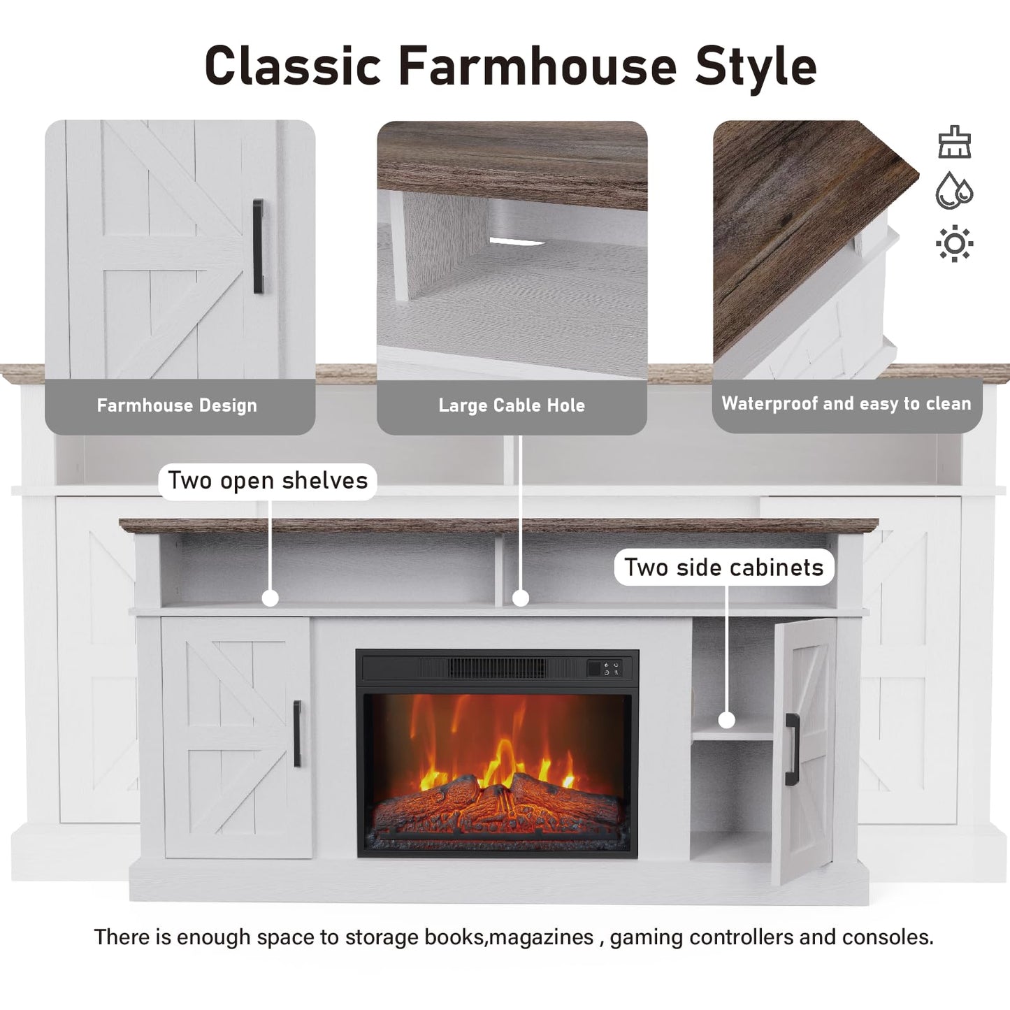 LubanNese Fireplace TV Stand for TVs Up to 65" with 23" Electric Fireplace, Entertainment Center with Storage Cabinet and Open Shelves, Media Console with Barn Doors for Living Room (White)