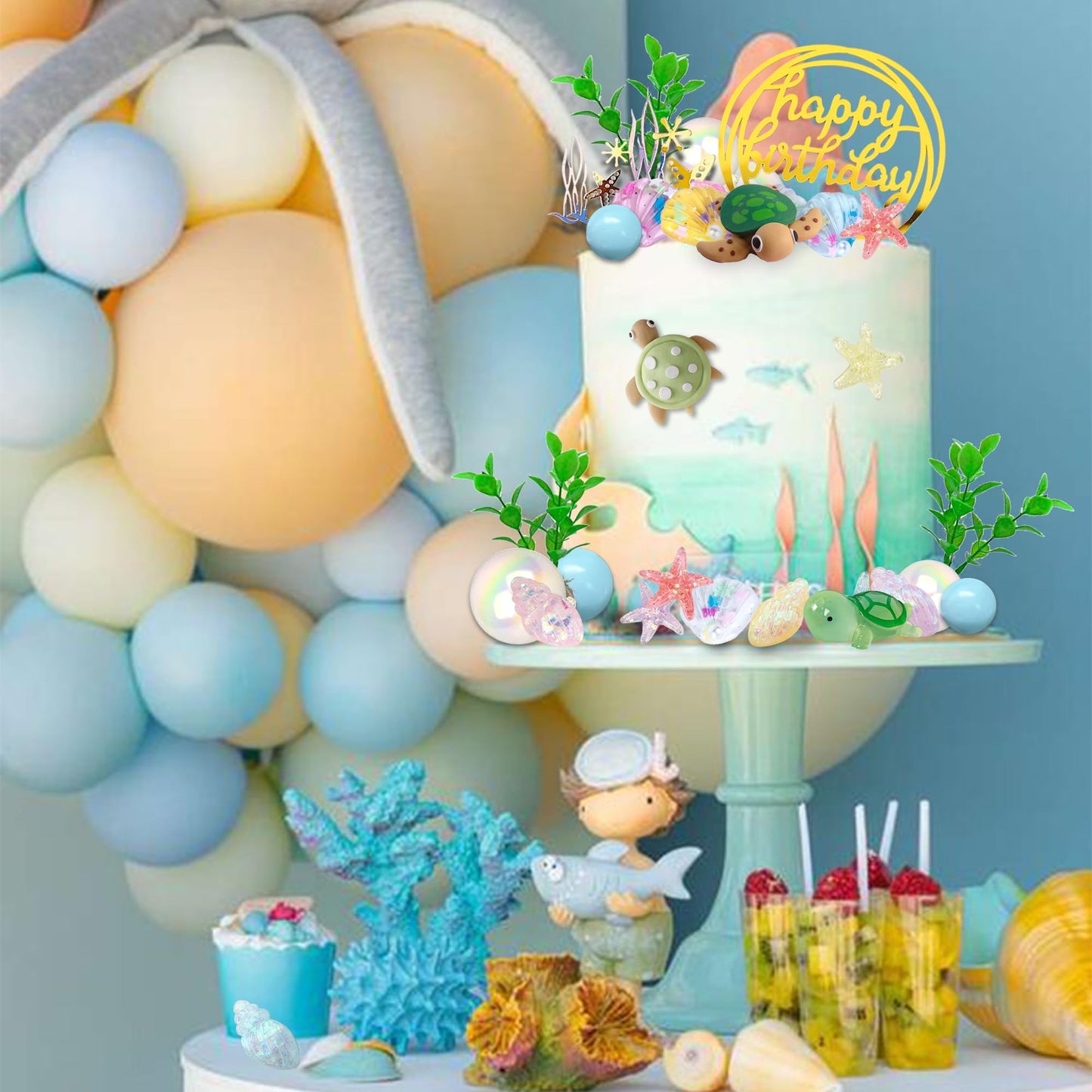 UFROMSKY 34pcs Turtle Cake Topper Under the Sea Cake Decoration with Ocean Turtle Starfish Conch and Seashells for Sea Theme Birthday Party Baby Shower Supplies