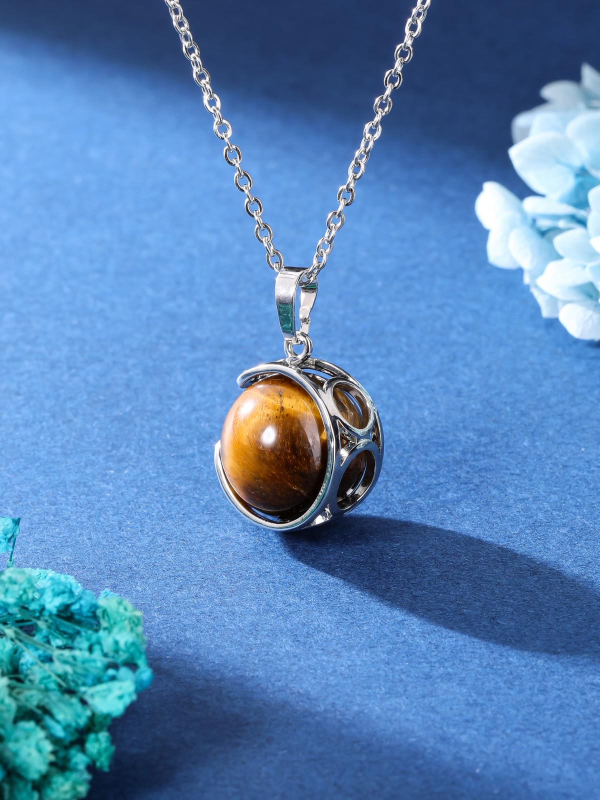 Top Plaza Tiger Eye Stone Healing Crystal Necklace Round Ball Rotating Natural Gemstone Pendant Necklace for Women Energy Jewelry Christmas Gifts