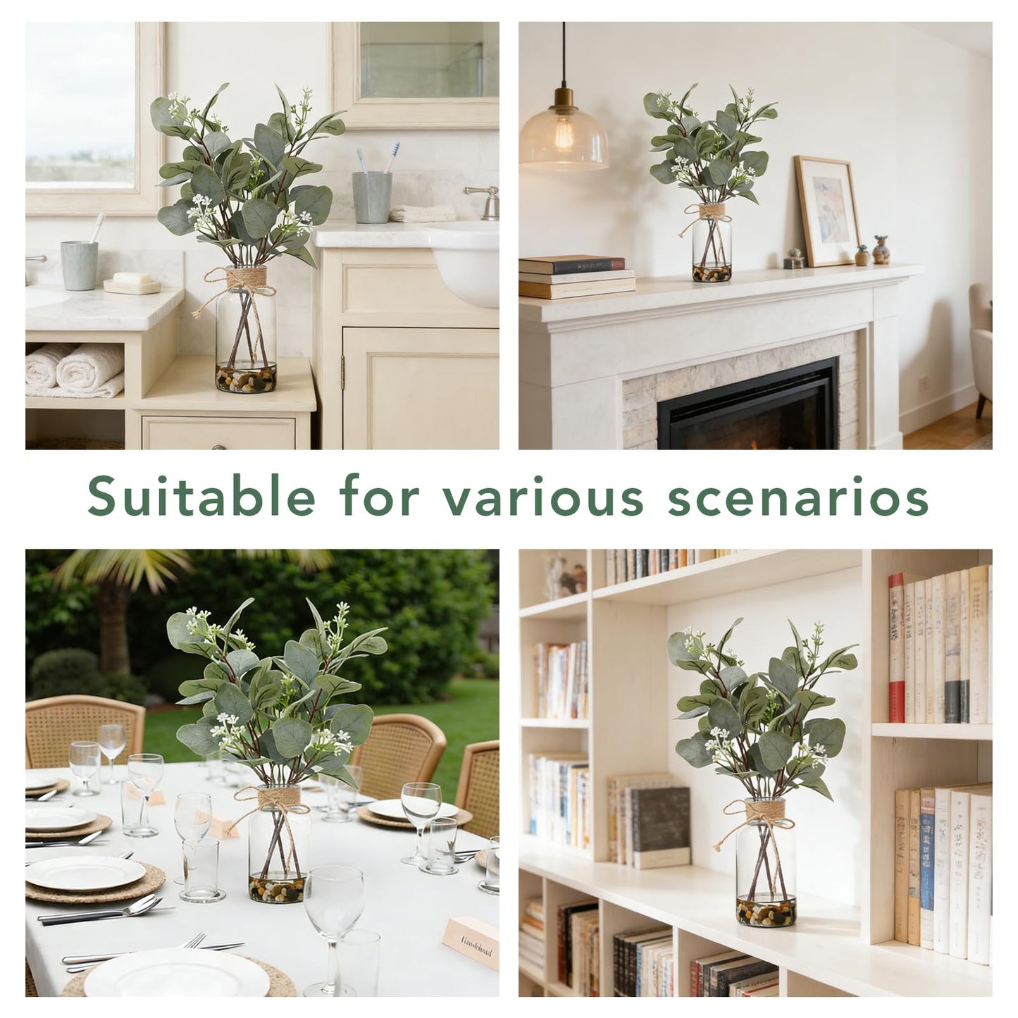 LILUYTO 15.74” Artificial Eucalyptus Stems in Glass Vase with Faux Water & Natural Stones, Lifelike Fake Greenery for Modern Farmhouse Home Decor, Bathroom Decor, Office Desk Centerpiece