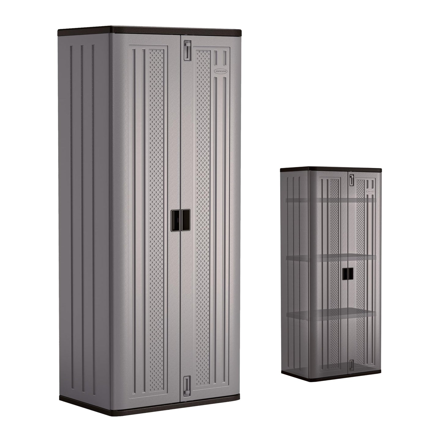 Suncast Tall Storage Cabinet, Platinum Resin Garage Storage Cabinet with Doors & Shelves, Lockable, Freestanding Utility Closet for Tools & Supplies, Made in USA