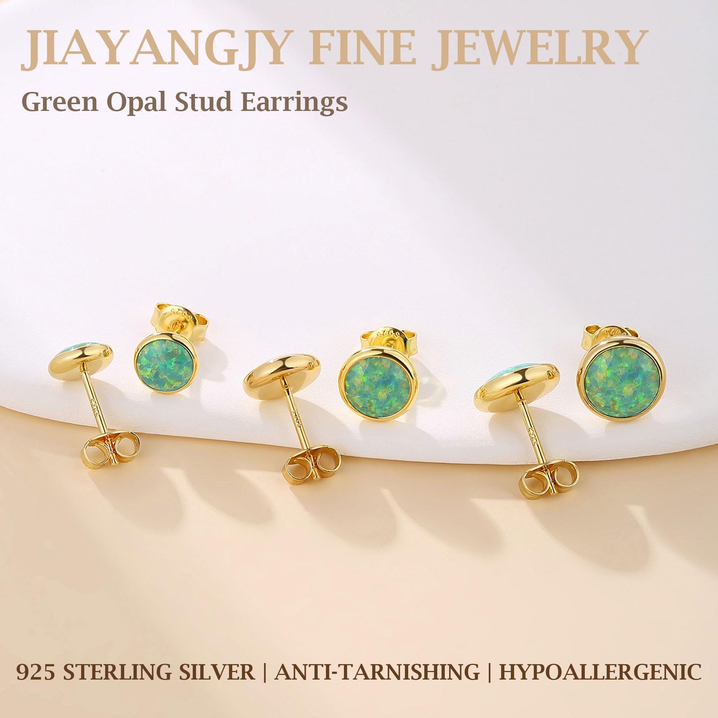JiayangJY Silver Green Fire Opal Stud Earrings for Women 18K Yellow Gold Plated Sterling Silver Round Shape 6mm Opal Earrings with Push Back