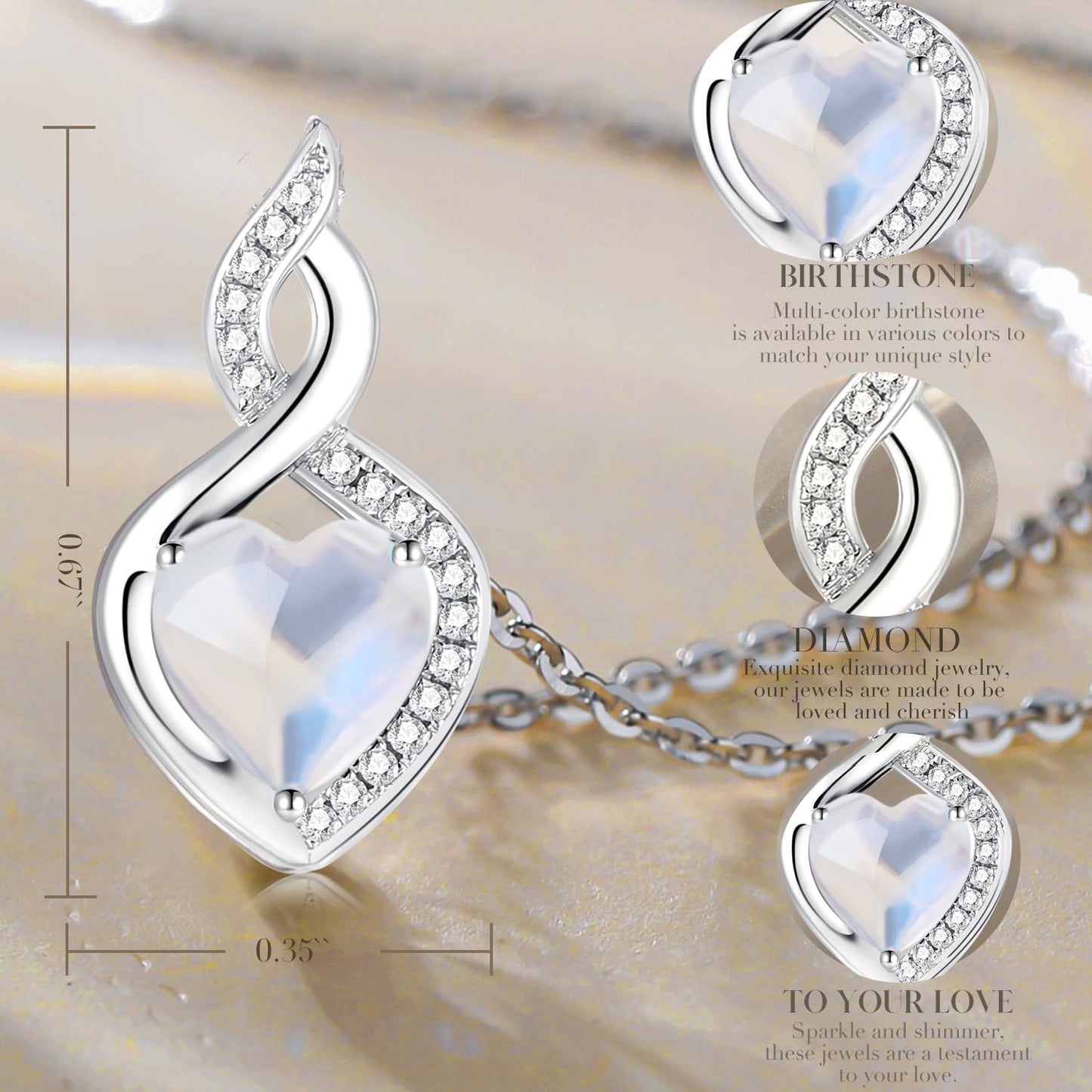 FANCIME Created Moonstone Necklace 14K Solid White Gold Heart Pendant with Diamond June Birthstone Necklace Jewelry Gifts for Mom Women