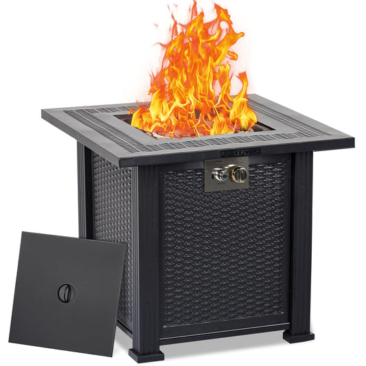 28 Inch Propane Fire Pit, CSA-Listed Outdoor Gas Fire Pit, 50,000 BTU Steel Fire Table with Lid and Lava Rock, Gas Fire Pits for Patio, Stainless Steel Burner Head for Warmth Ambiance Black