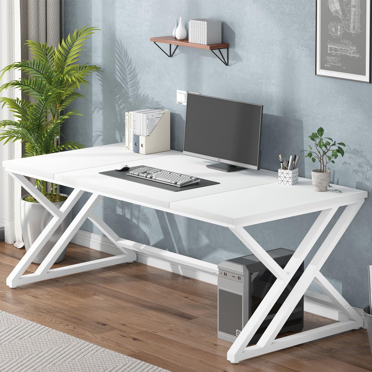 LVB White Long Computer Desk, Modern Large Wood Metal Office Desk, Farmhouse Pc Study Work Writing Desk for Two Person, Rustic Double Workstation Executive Desk for Home Bedroom Living Room, 70 Inch