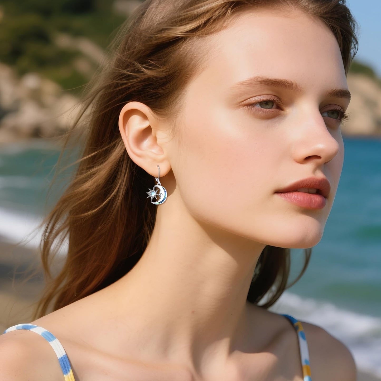AOBOCO Sun Moon Earrings for Women Sterling Silver Moonstone Shell Earrings Jewelry Mothers Day Birthday Gifts for Mom Friends (Sun Moon Earrings)