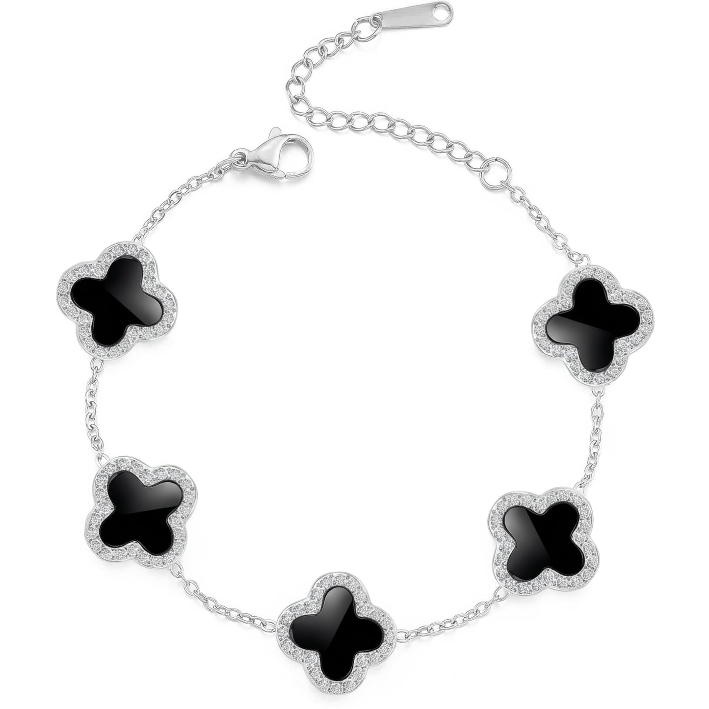 SHINYY Four Leaf Clover Bracelet for Women | 18K Gold Plated Cubic Zirconia Link Bracelet | 4 Leaf Lucky Jewelry Gift for Her (Black Silver)