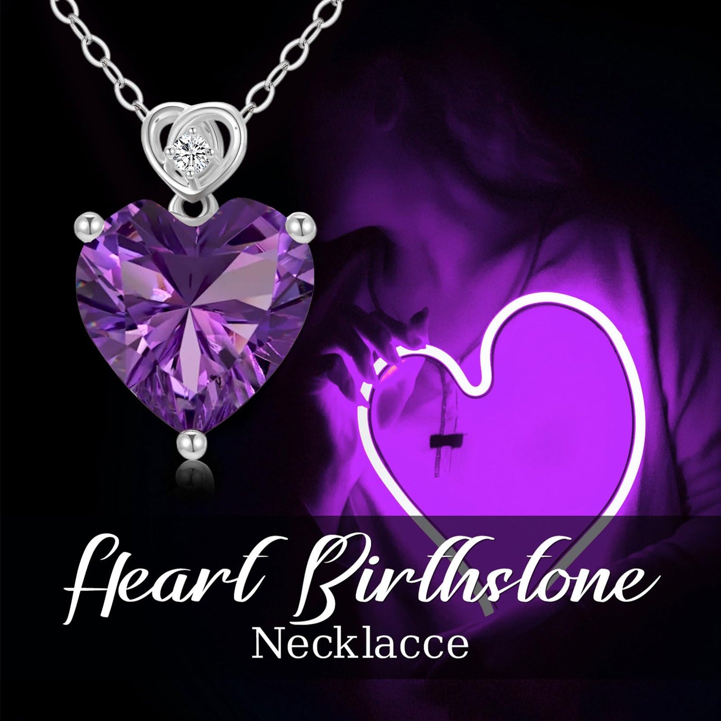 NFYBD 14k White Gold Love Heart Amethyst Birthstone Pendant Necklace for Women 3 Carat Heart-cut Created Gemstone Anniversary Birthday Mother's Day Necklaces for Her-feb