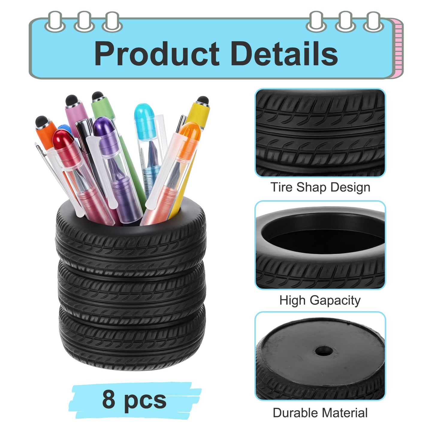 mekueeex 8 Pcs Tire Shaped Pen Holder Car Tire Planter Holder for Men Mechanic Gift Desk Office Home School Accessories Decor Christmas Novelty Funny Supplies Cactus Succulent Planter Pot