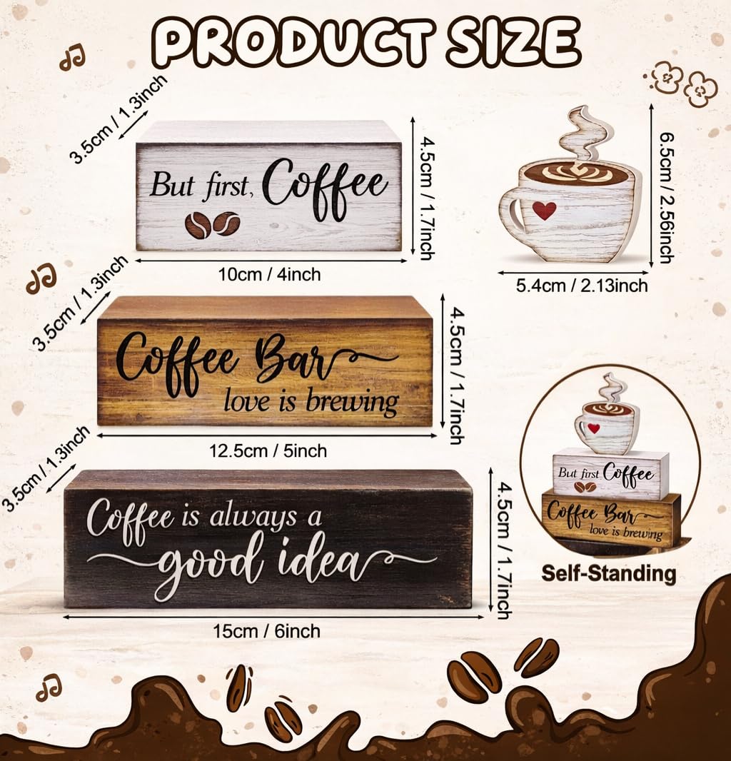4 Pcs Wooden Coffee Bar Decorations Rustic Coffee Bar Signs for Tiered Tray Farmhouse Coffee Station Table Centerpiece Wood Bar Sign Gift Set Farmhouse Decor for Home Kitchen Tabletop