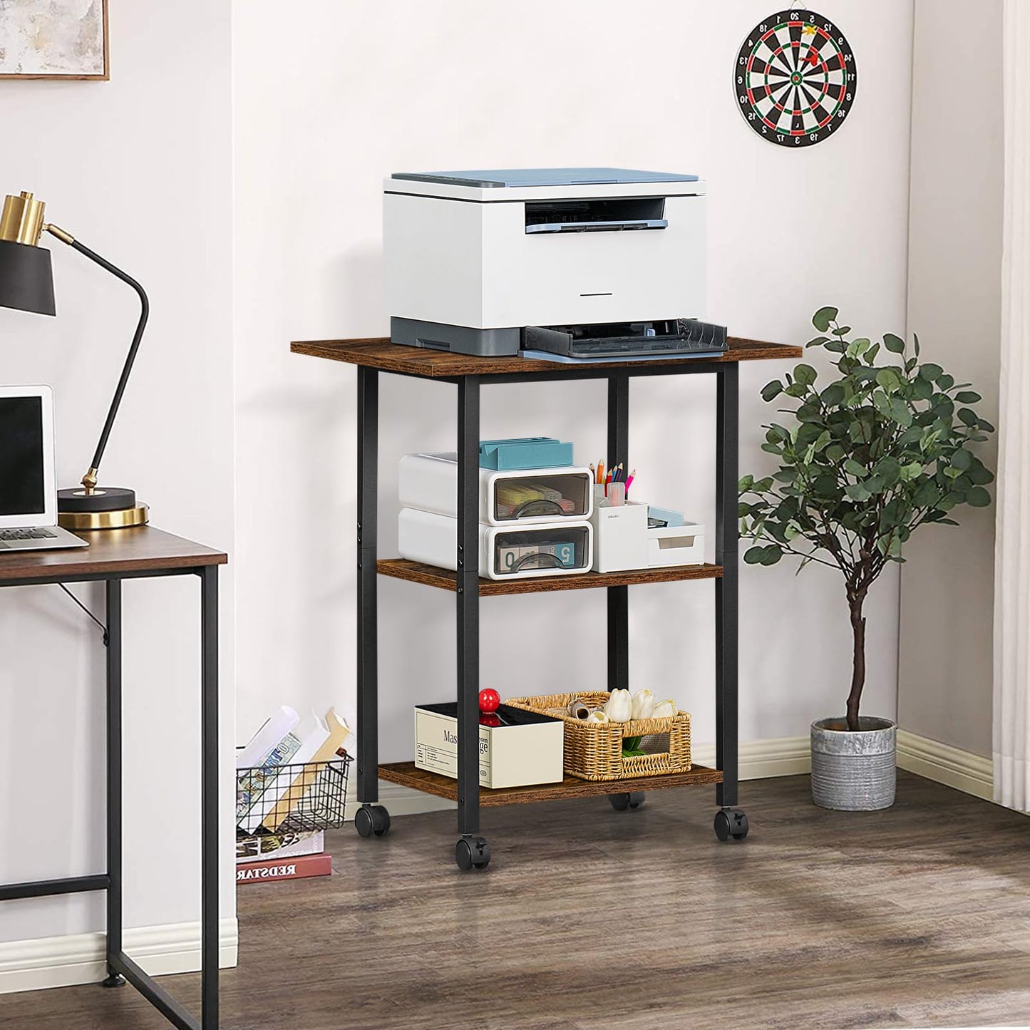 Lerliuo 3-Tier Printer Stand, Industrial Mobile Printer Table with Storage Shelf and Steel Frame, Rolling Printer Cart Holder with Lockable Wheels for Home, Office (Brown)
