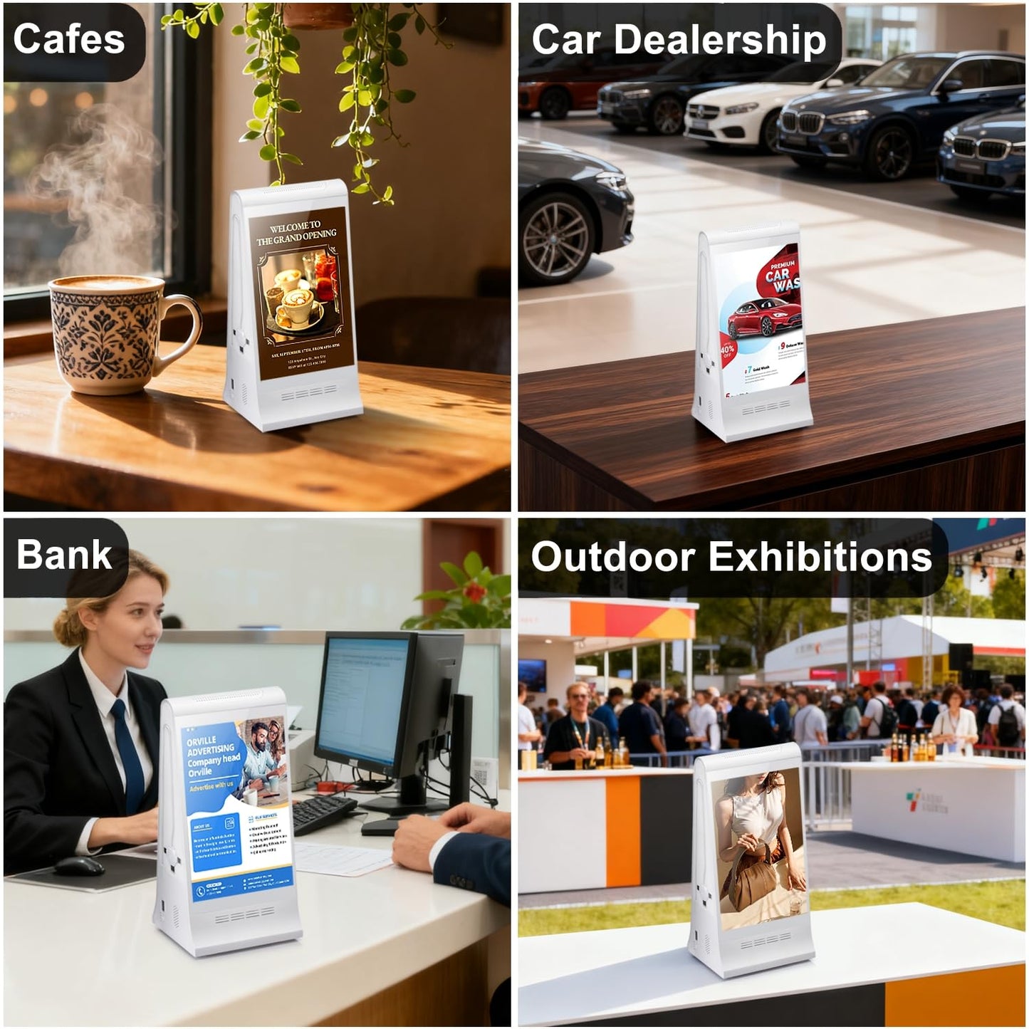 Digital Signage Display for Tabletop ,Interactive Digital Signage with Double 8 inch LCD Touch Screen and WIFI Connected,Rechargeable 23200mAh Battery,Portable Advertising Kiosk for Restaurants,Bar, Hotel ,Cafe (White)