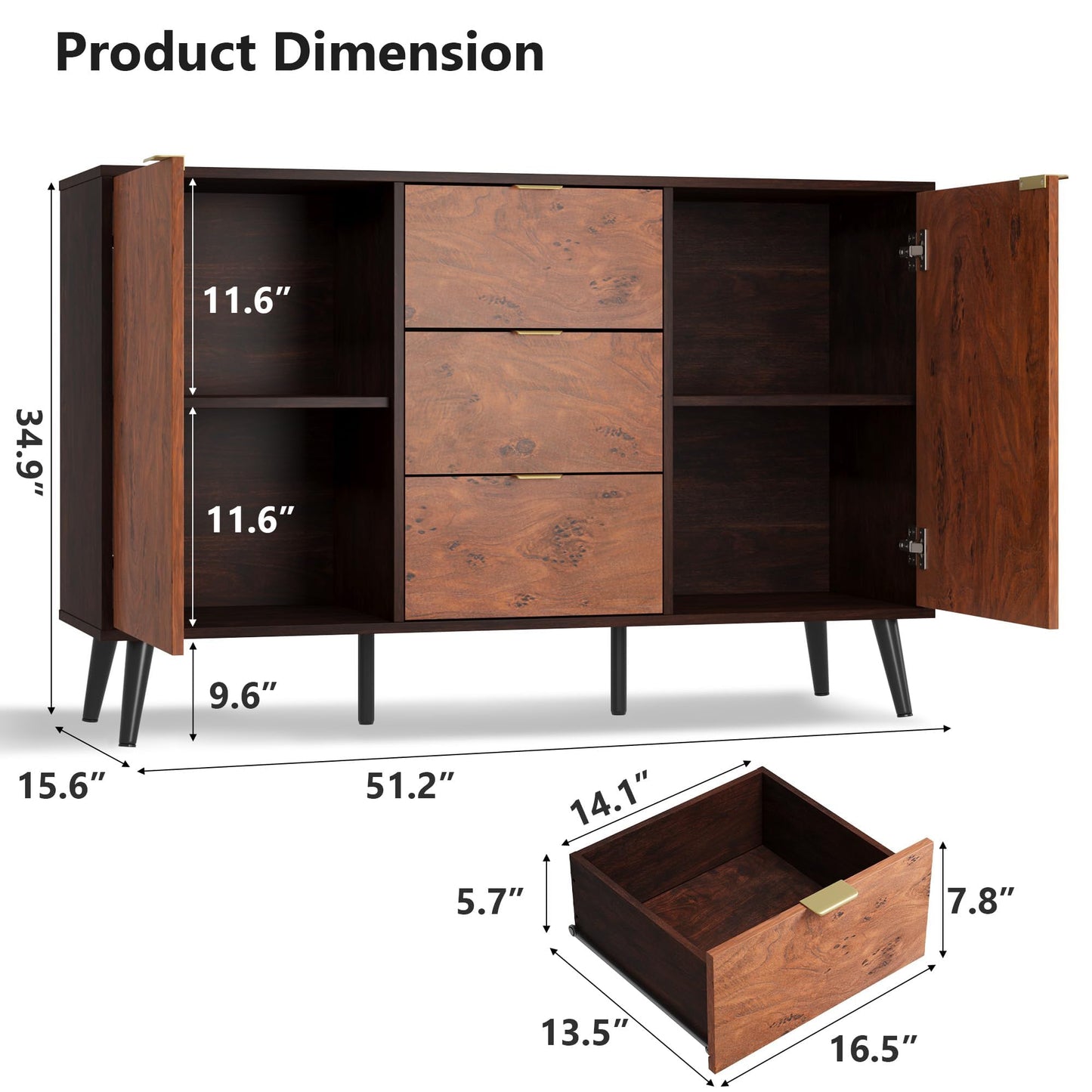GarveeHome Buffet Cabinet with Drawers and Storage, 51.2 in Large Sideboard Buffet Credenza Storage Cabinet with Shelves and Doors, Walnut Buffet Cabinet for Dining Room, Entryway, Living Room