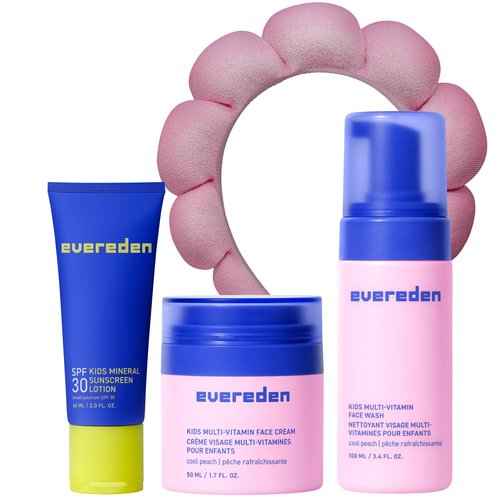 Evereden Kids Skincare Bundle: 1-2-3 Routine with Multi-Vitamin Face Wash, Cream, SPF 30 & Spa Headband – Gentle, Nourishing Skincare & Fun Hair Management for Kids – Perfect for Daily Care