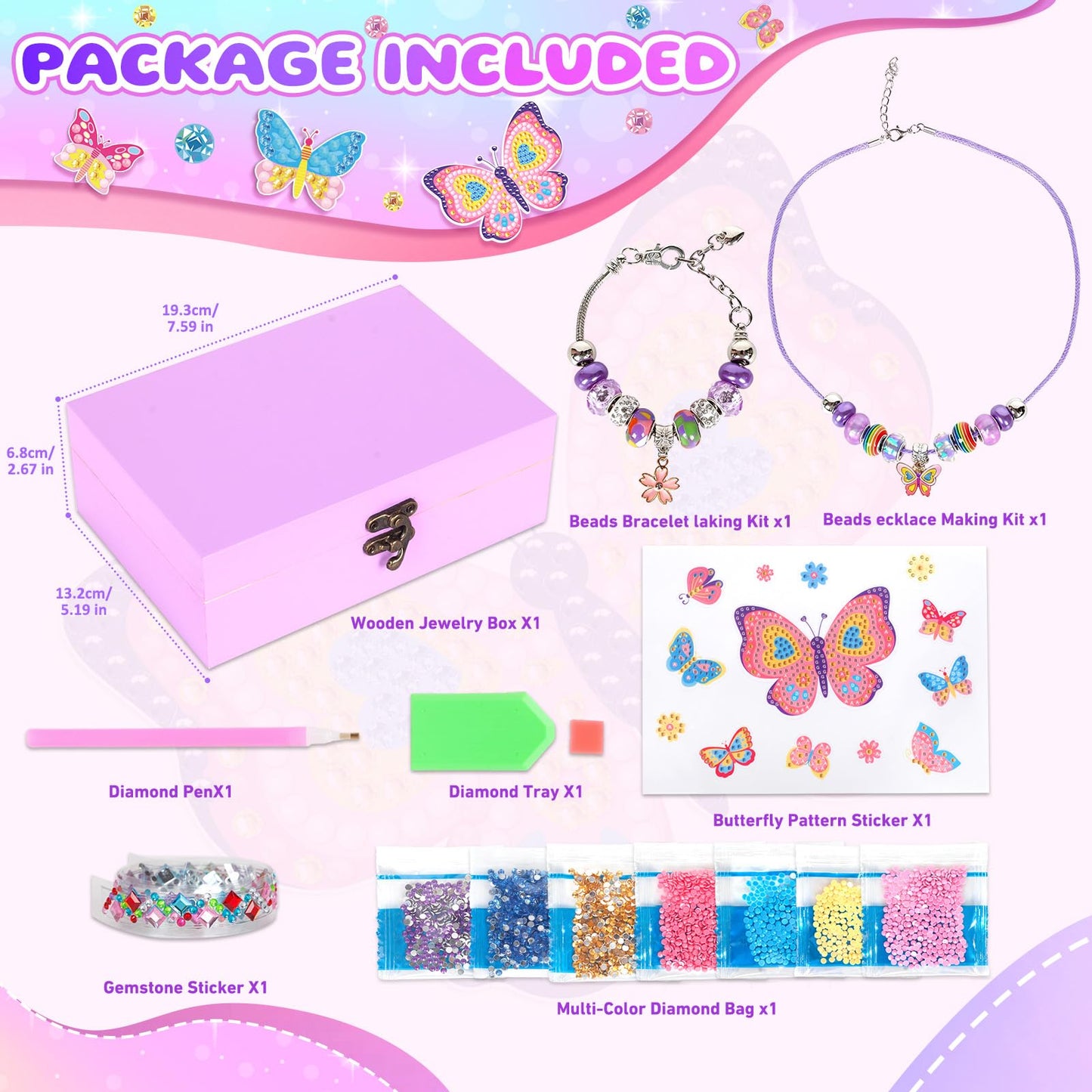 PinkSheep Arts and Crafts for Girls 6-12,Butterfly Jewelry Box for Girls,DIY Treasure Keepsake Box with Necklace & Bracelet Make It Set Gift