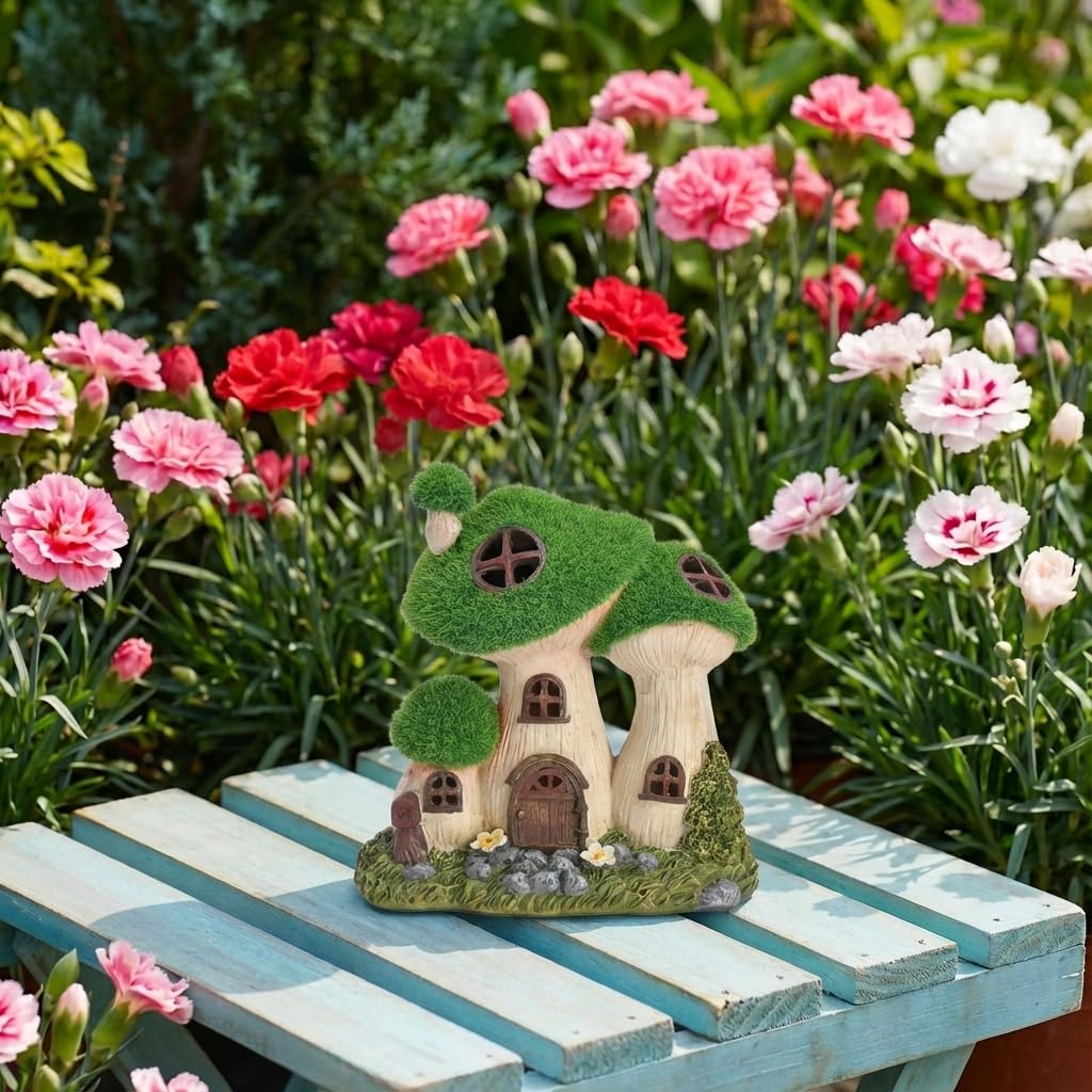 TERESA'S COLLECTIONS Garden Decor, Mushroom Fairy Garden House,Fairy House Decor, Waterproof Resin with Solar Lights, Garden Decor, Garden Gifts for Mom,Indoor/Outdoor, 7"