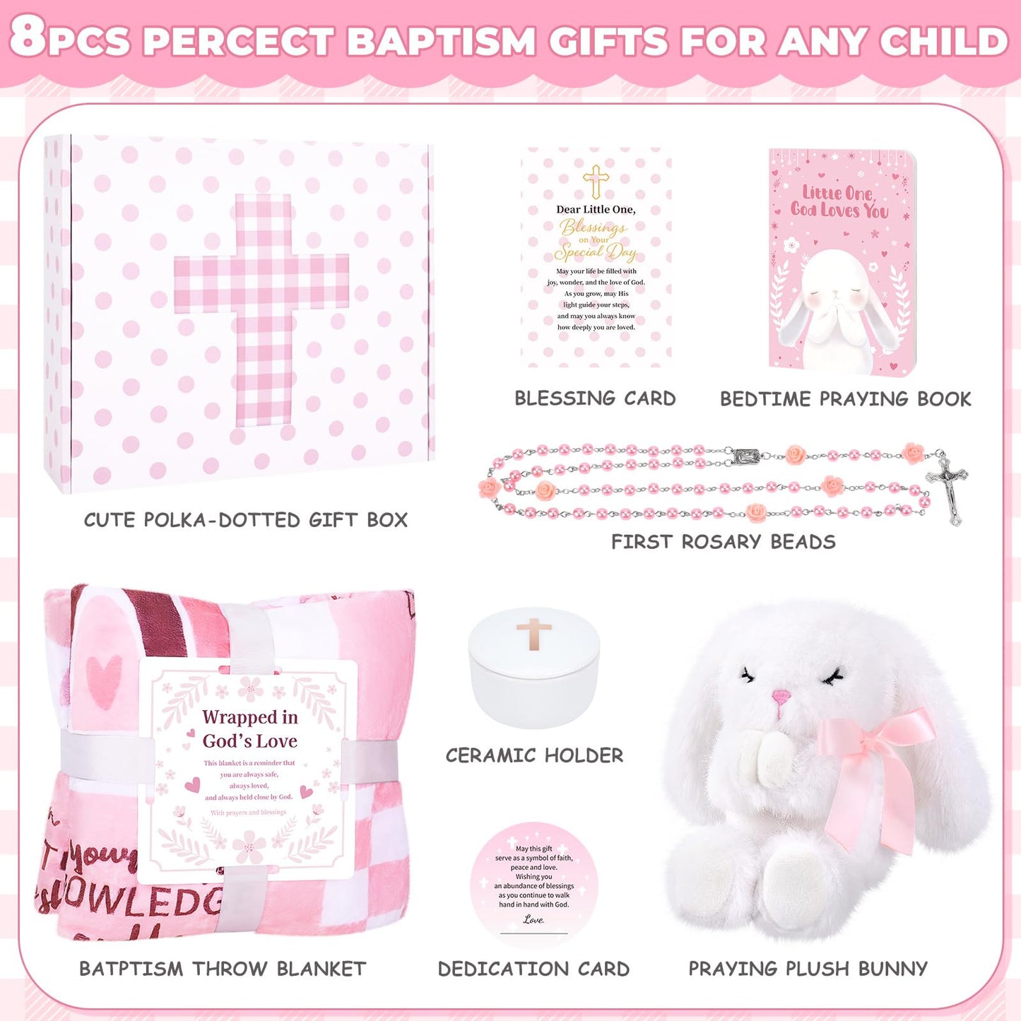 Baptism Gifts for Girl, Christening Gift Set for Baby Girls, Baby Dedication Gift, Includes Bunny Stuffed Animal, First Rosary Beads, Prayer Book, Keepsake Blanket, Catholic Baptism Gift Basket