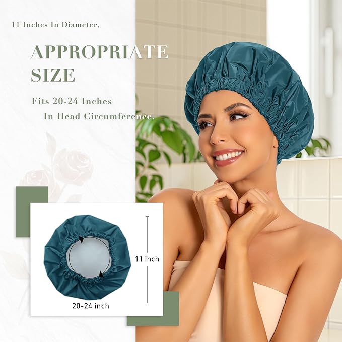 Reusable Shower Cap for Women, Large Waterproof Shower Bonnet with Elastic Band, Washable Bath Hair Cap for Long, Curly Hair, Braids, Daily Shower, Home Spa, Travel(Blue Zircon)
