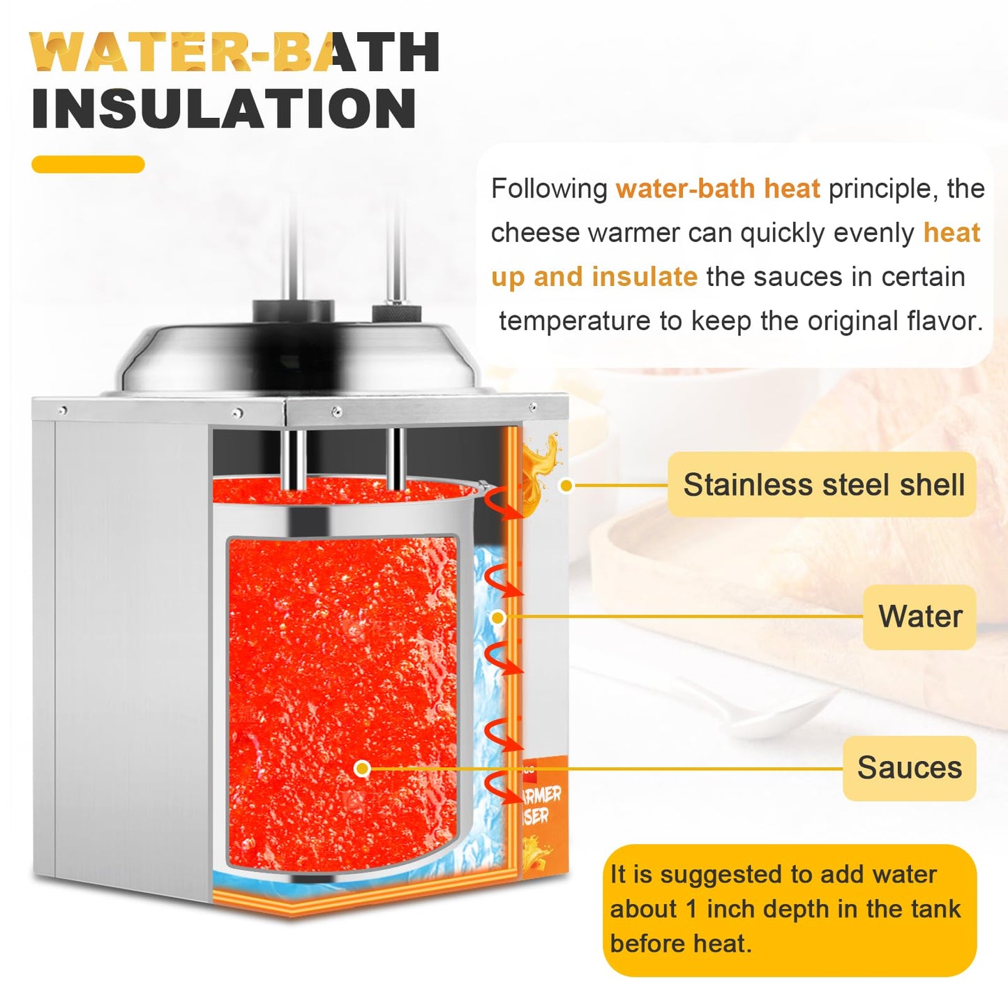 Nacho Cheese Dispenser with Stainless Pump, 2.6Quart Nacho Cheese Sauce Warmer Hot Fudge Dispenser 86-194℉ Insulated Pump Dispenser for Cheese Sauce Hot Fudge Butter