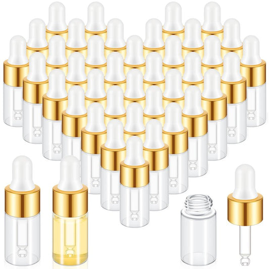 Didaey Mini Glass Oil Dropper Bottle Bulk, Clear Essential Small Empty Bottles Sample Containers Perfume Liquid Vials with Cap for Traveling(3 ml,Gold,200 Pcs)