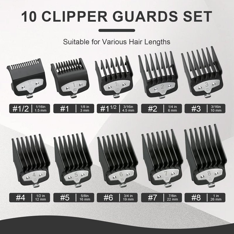 10-Piece Clipper Guard Set, Black Professional Clipper Guard Set Compatible with Most Wahl Clippers (1.5-25mm), Premium Close Cut to 1-Inch,Black