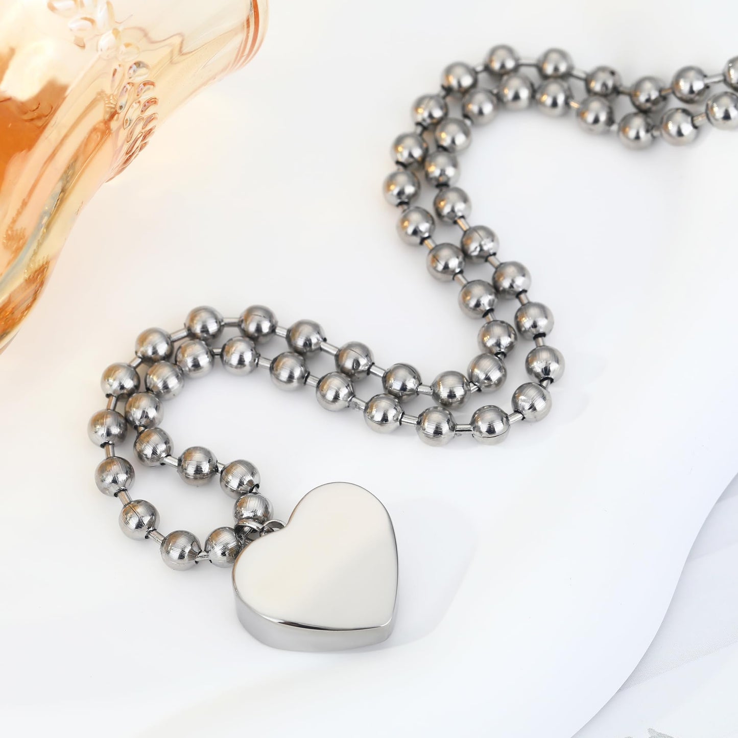 BONJOULRY Titanium Heart Necklace Silver, Chunky Heart Necklace for Women Titanium Steel Chunky Heart Necklaces Ball Beaded Chain Hypoallergenic Silver Charm Necklace Jewelry Gift for Women