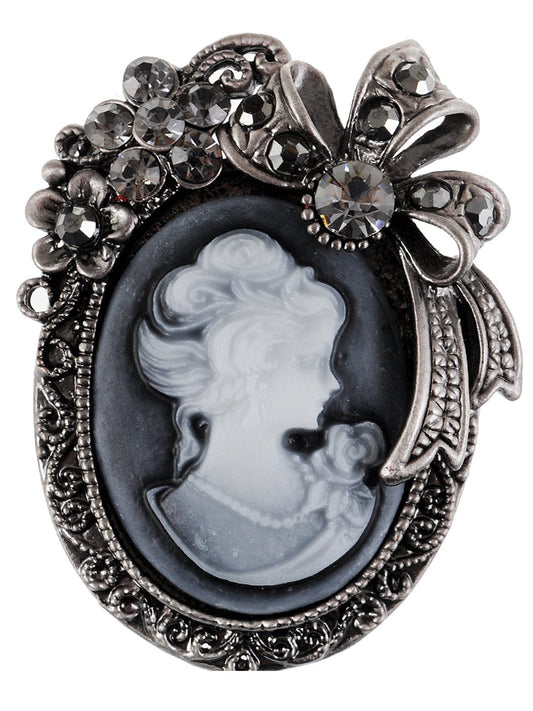 Alilang Vintage Inspired Crystal Rhinestone Victorian Lady Cameo Brooch Pin Maiden Flower Ribbon Bow Pendant Grey