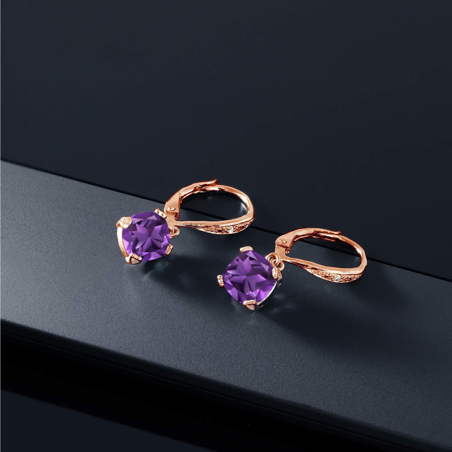 Gem Stone King Drop Dangle Earrings For Women | 7MM Cushion Cut Gemstone Birthstone and Diamond | 925 Sterling Silver | Jewelry Gift for Mom Wife Her | Amethyst-February | Rose Gold
