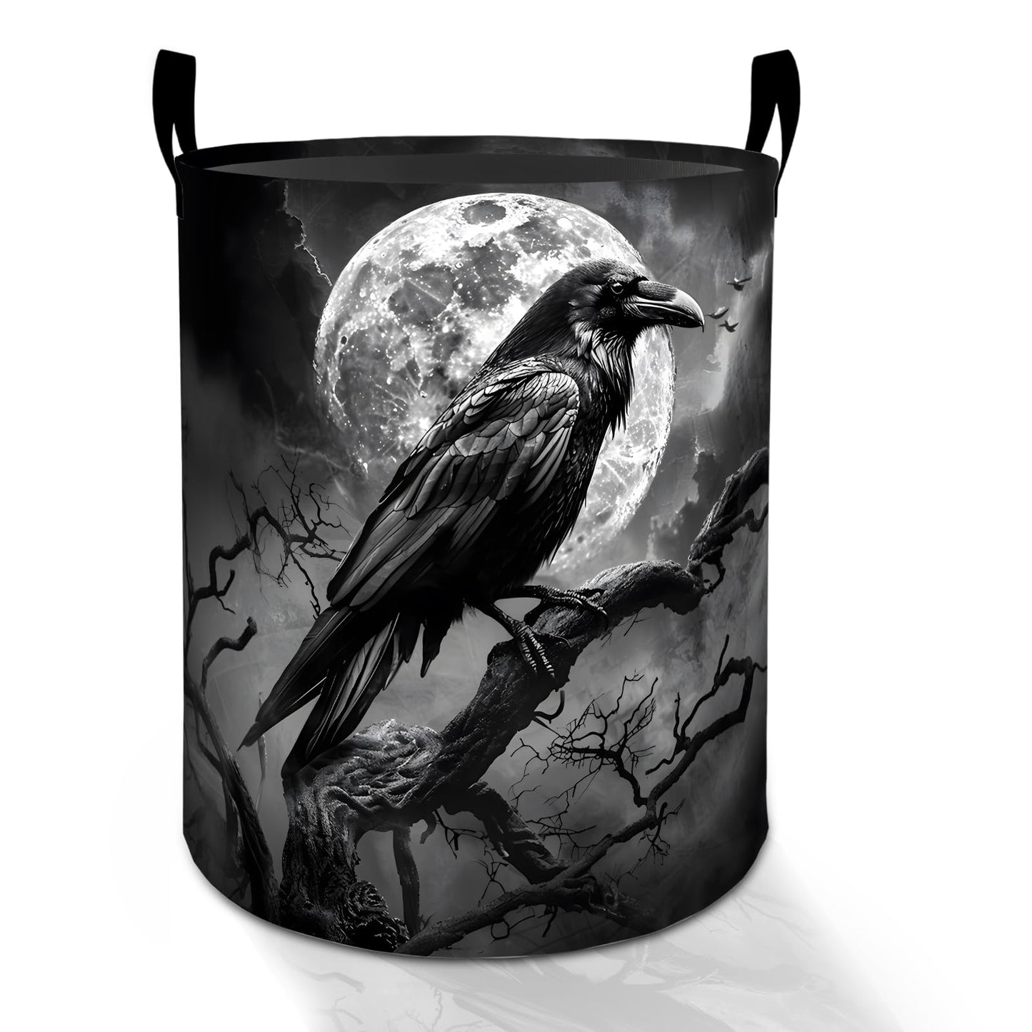 Raven Moon Laundry Basket Hamper for Boys Girls Kids Adults, Foldable Waterproof Oxford Clothes Storage Bin, Gothic Spooky Organizer for Bedroom Bathroom Room Decor 19.7"x15.8"