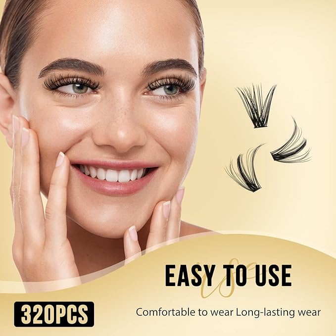QUEWEL Lash Clusters 320Pcs Cluster Lashes 40D C Curl Lash Cluster Eyelash Extensions Mix12-18mm Individual Eyelashes Clusters Wispy Lash Clusters Thin Band Soft to Use at Home(40D C Mix12-18)