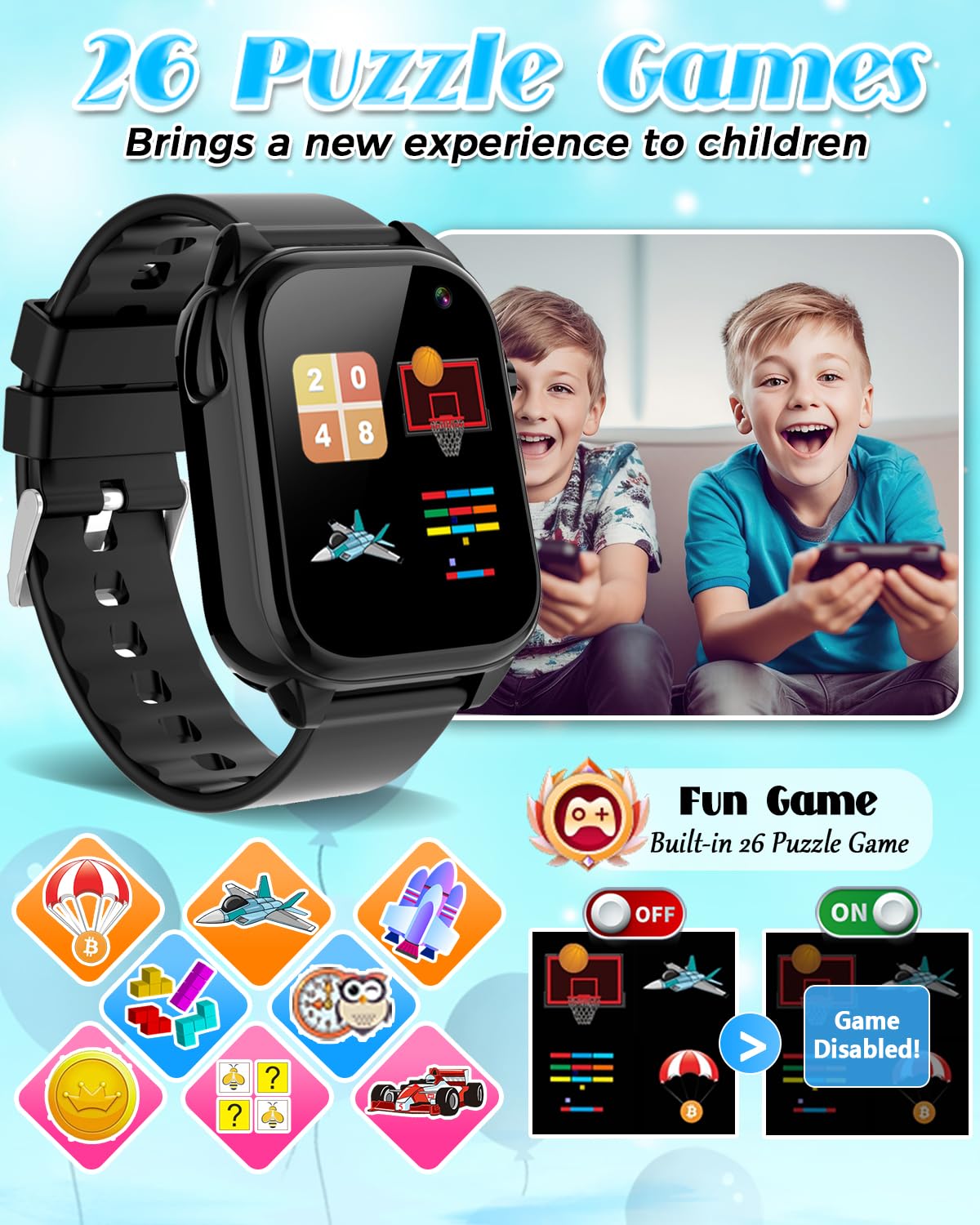Semloo Waterproof Smart Watch for Kids 3-12 Years Old Boys Toys with 26 Games, Video Camera, Pedometer, Music Player, Alarm Clock, Flashlight, HD Touchscreen Toddler Watches Girls Birthdays Gifts