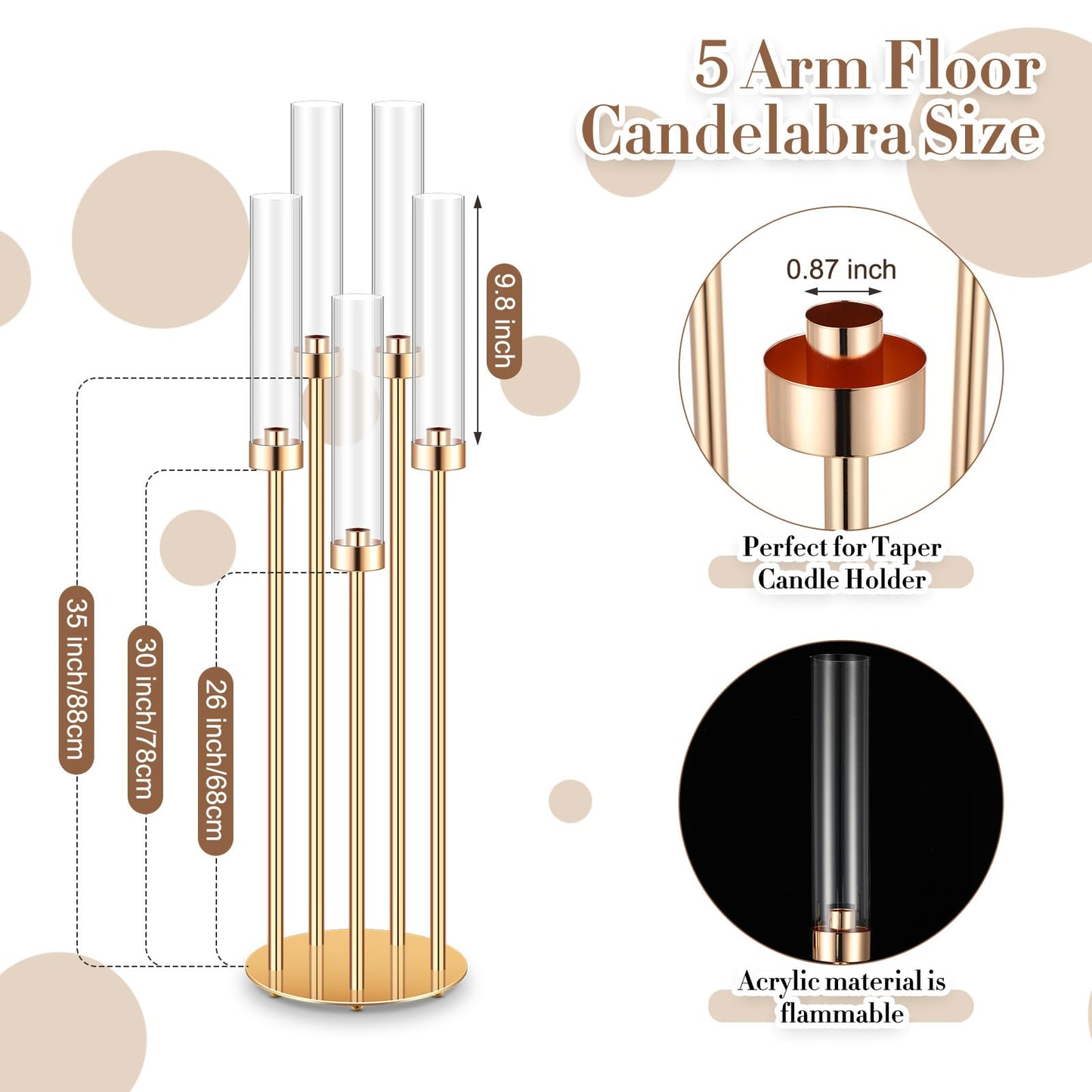Tandefio 8 Pcs Acrylic Candelabra Centerpieces 35" Tall Clear Candle Holders Pillar Taper Candlestick with Lampshades 5 Arm Floor Candelabra Stand for Wedding Christmas Ceremony Dinner Party"