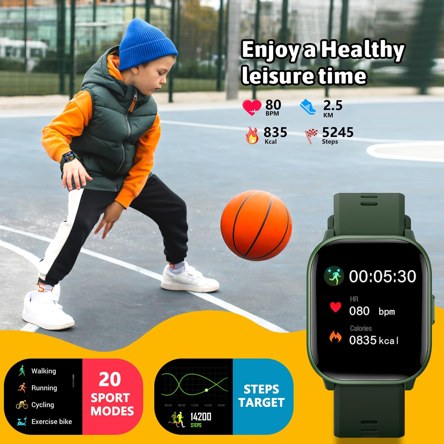 HENGTO SmartWatch for Kids,Kids Watch Girls Boys Watch with 20 Sport Modes, Pedometer, Sleep Monitor, Kids Sport Watches Birthday Gifts Toy Gift for Girls Boys 6-16 (Green)